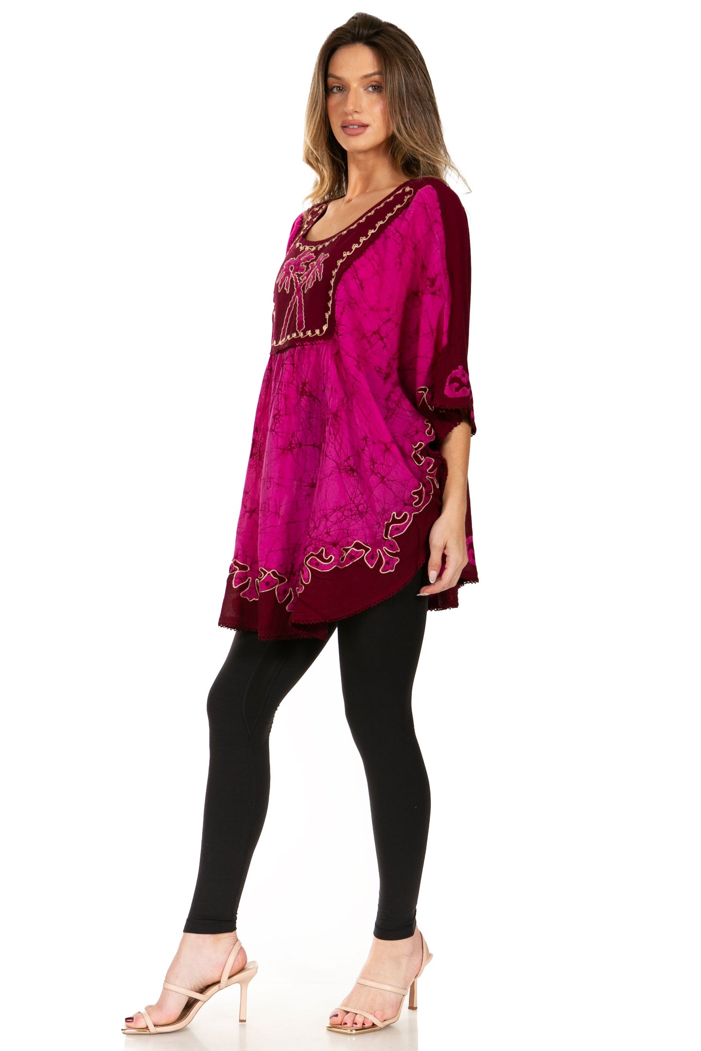 Sakkas Lynda Two Tone Batik Embroidered Palm Tree Peasant Top / Poncho - Concordia Style Boutique