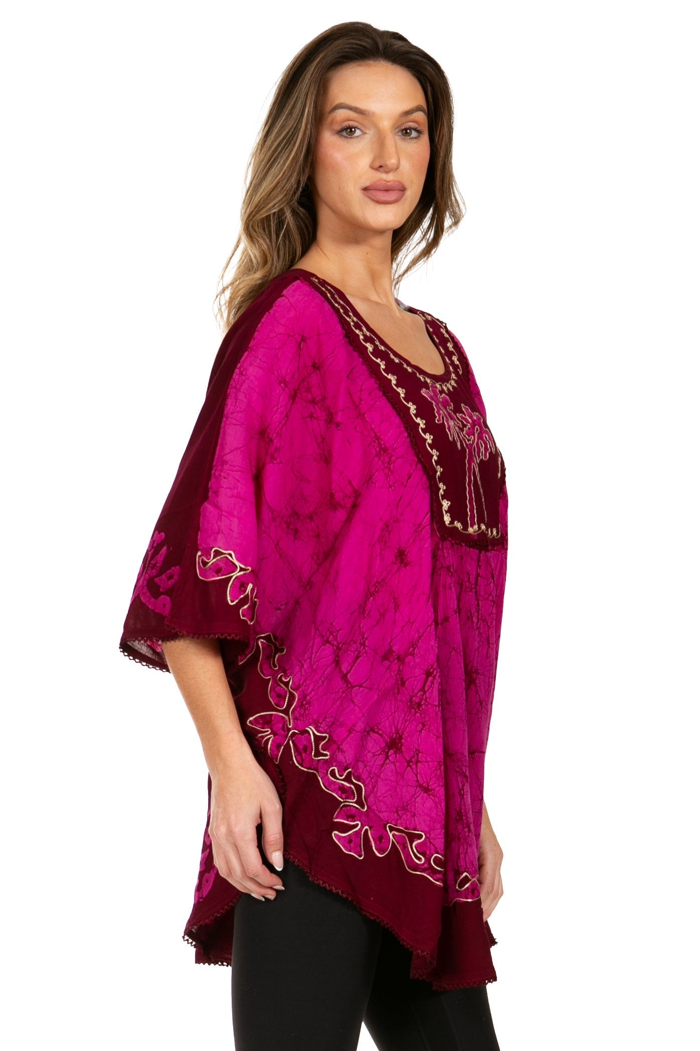 Sakkas Lynda Two Tone Batik Embroidered Palm Tree Peasant Top / Poncho - Concordia Style Boutique