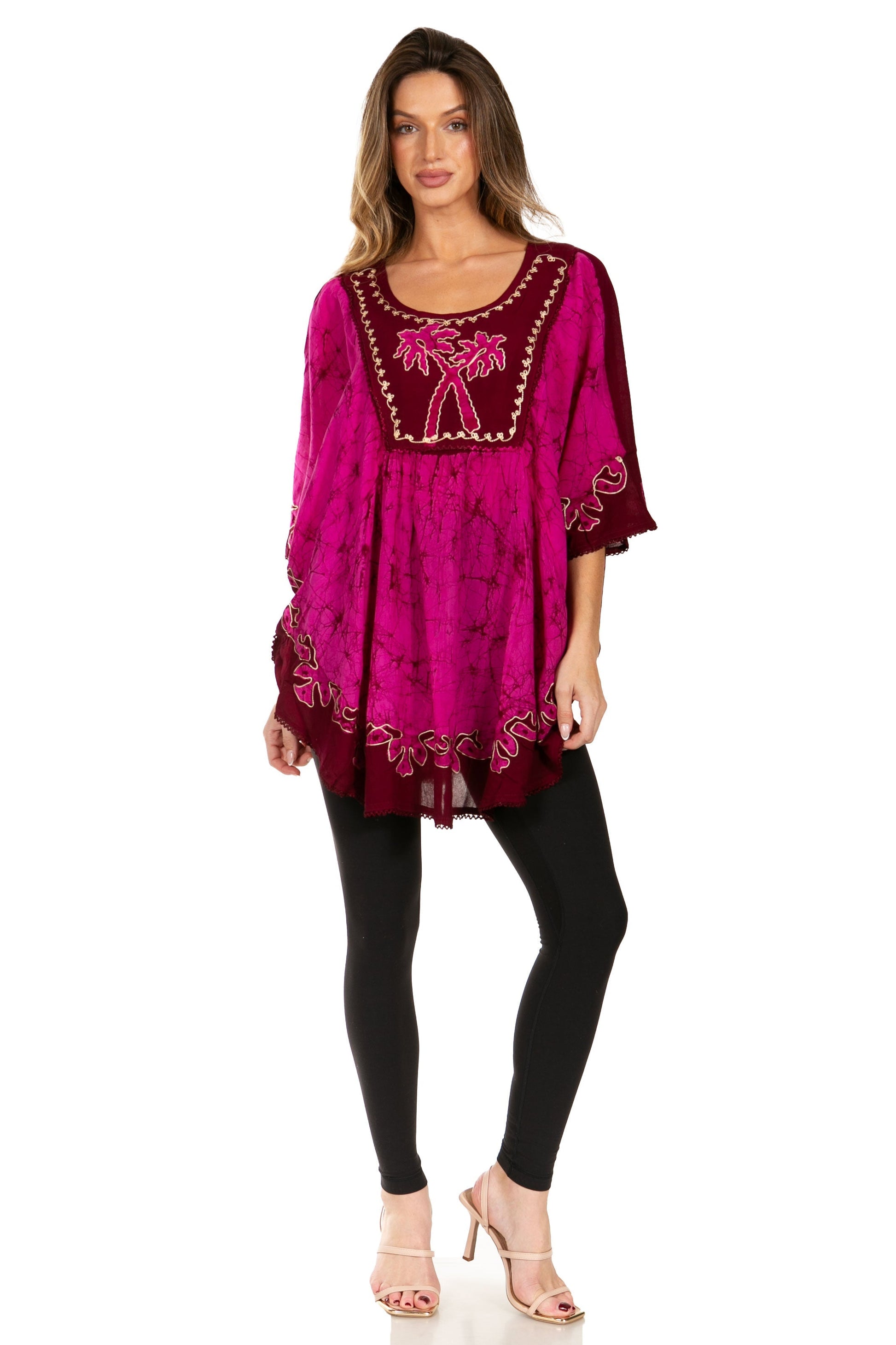 Sakkas Lynda Two Tone Batik Embroidered Palm Tree Peasant Top / Poncho - Concordia Style Boutique