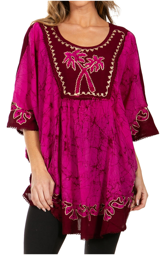 Sakkas Lynda Two Tone Batik Embroidered Palm Tree Peasant Top / Poncho - Concordia Style Boutique