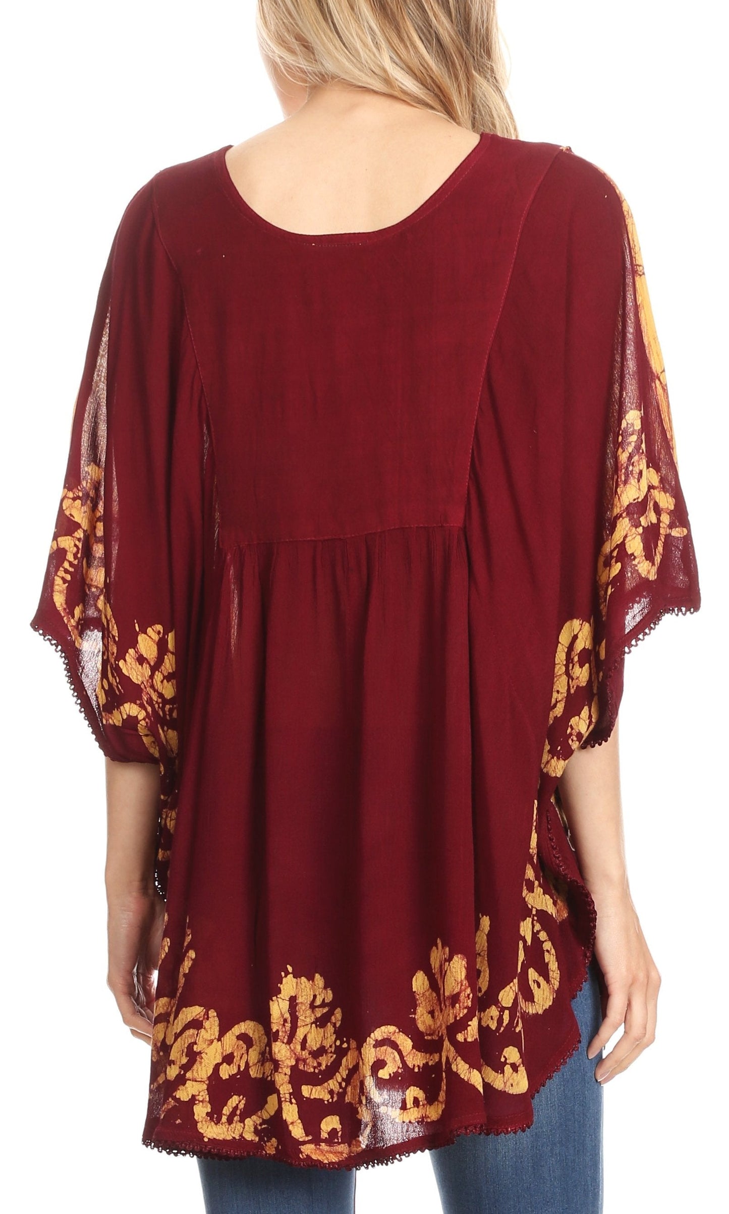 Sakkas Lynda Two Tone Batik Embroidered Palm Tree Peasant Top / Poncho - Concordia Style Boutique