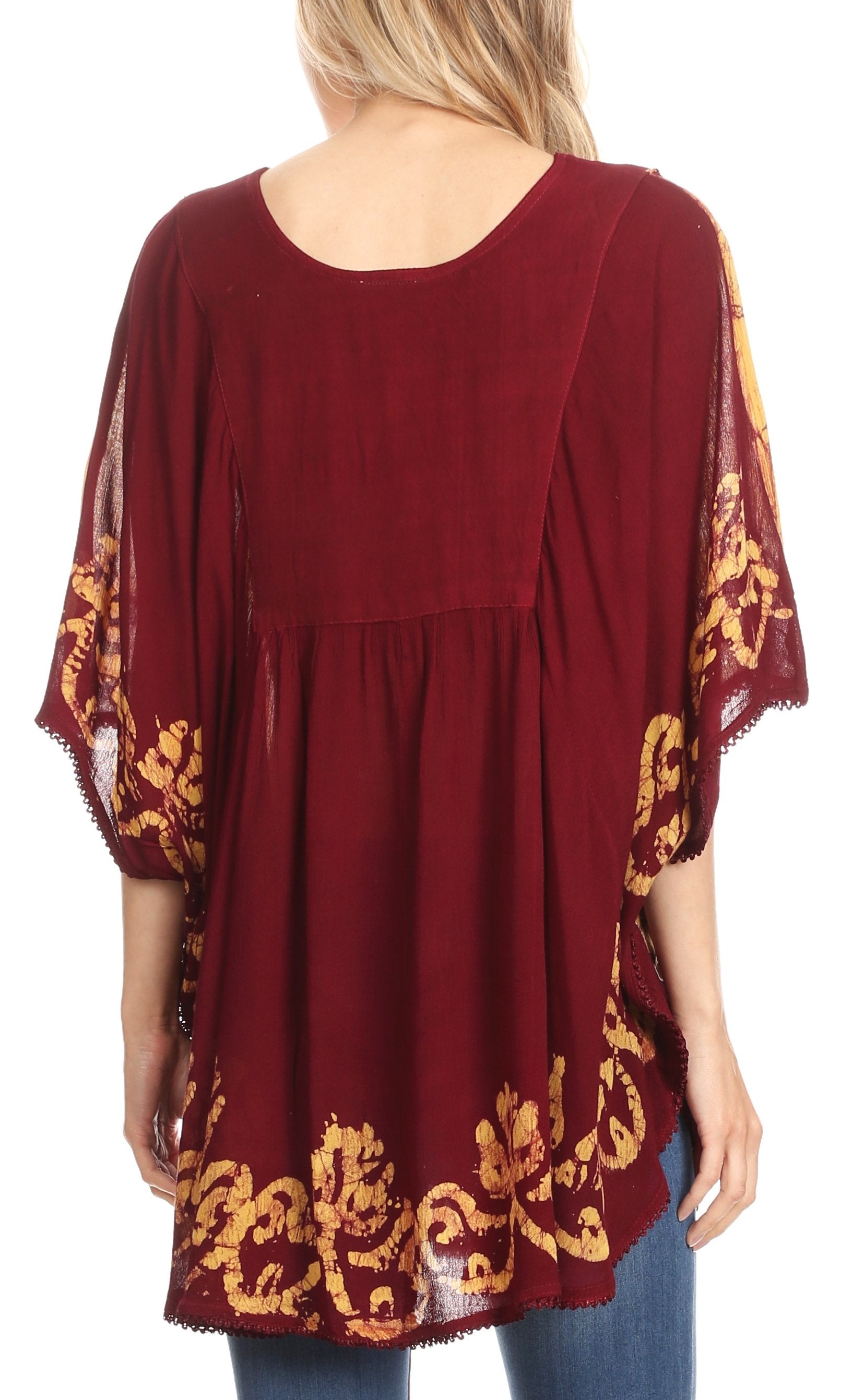 Sakkas Lynda Two Tone Batik Embroidered Palm Tree Peasant Top / Poncho - Concordia Style Boutique