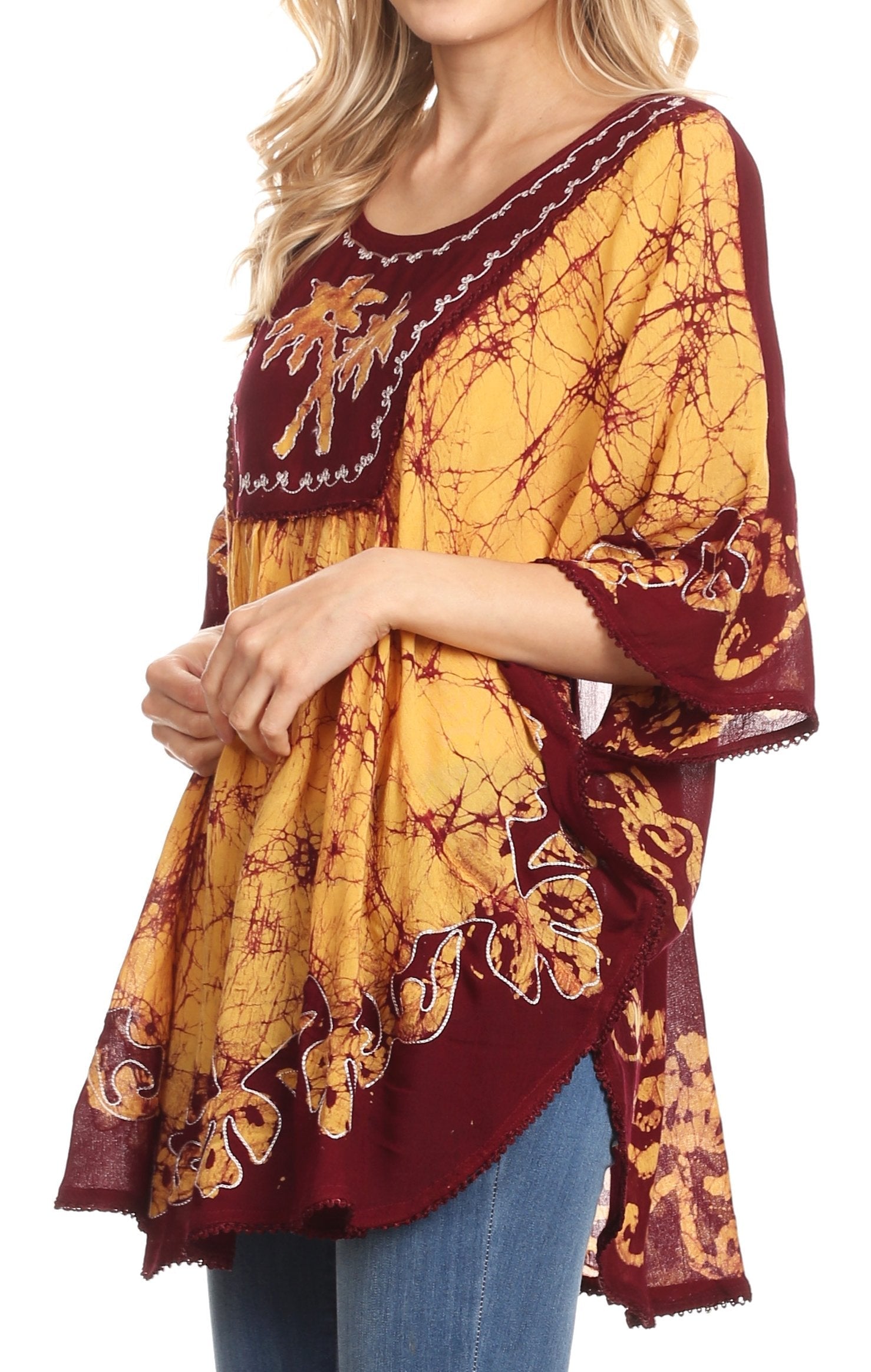 Sakkas Lynda Two Tone Batik Embroidered Palm Tree Peasant Top / Poncho - Concordia Style Boutique