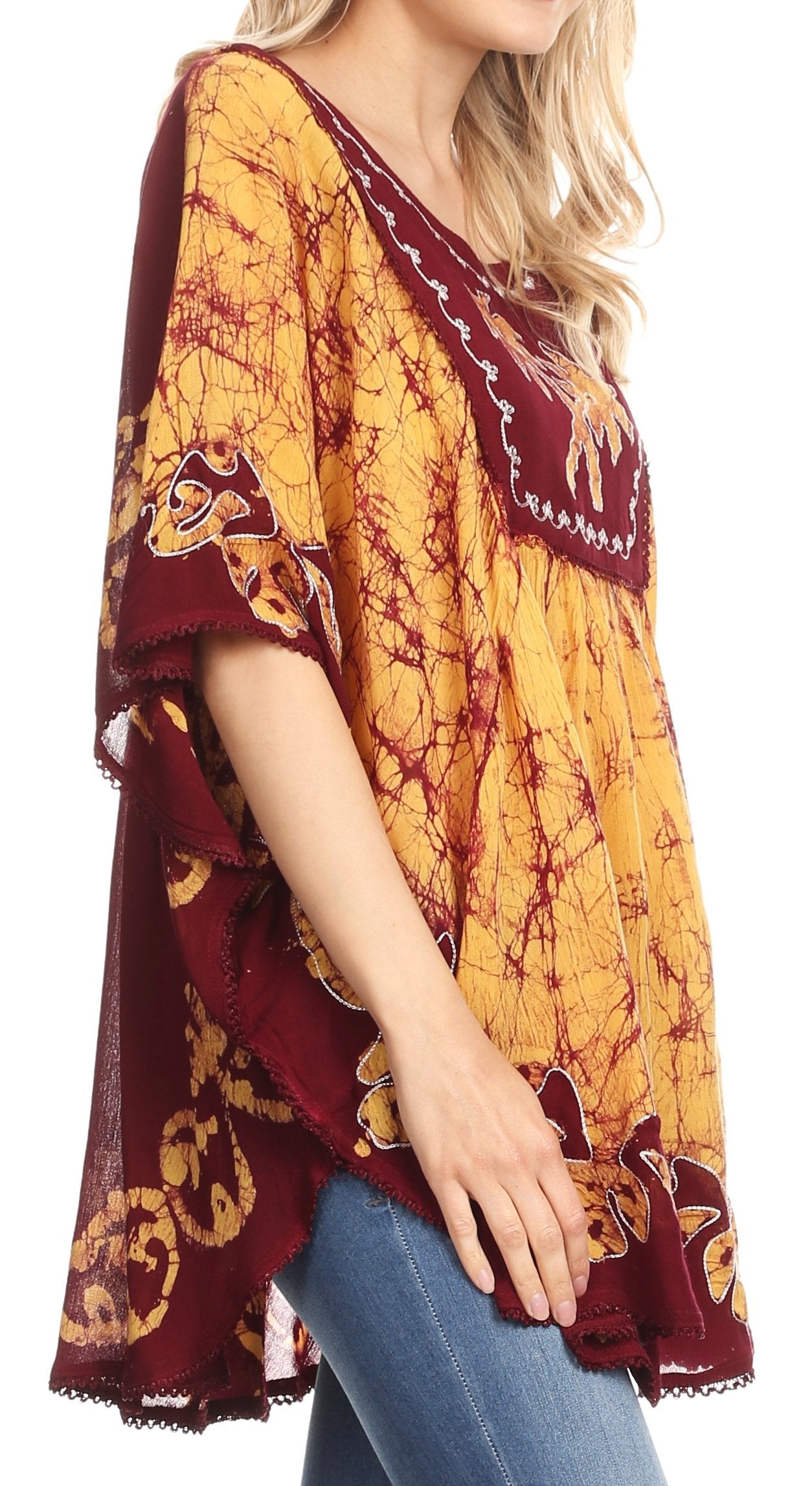 Sakkas Lynda Two Tone Batik Embroidered Palm Tree Peasant Top / Poncho - Concordia Style Boutique