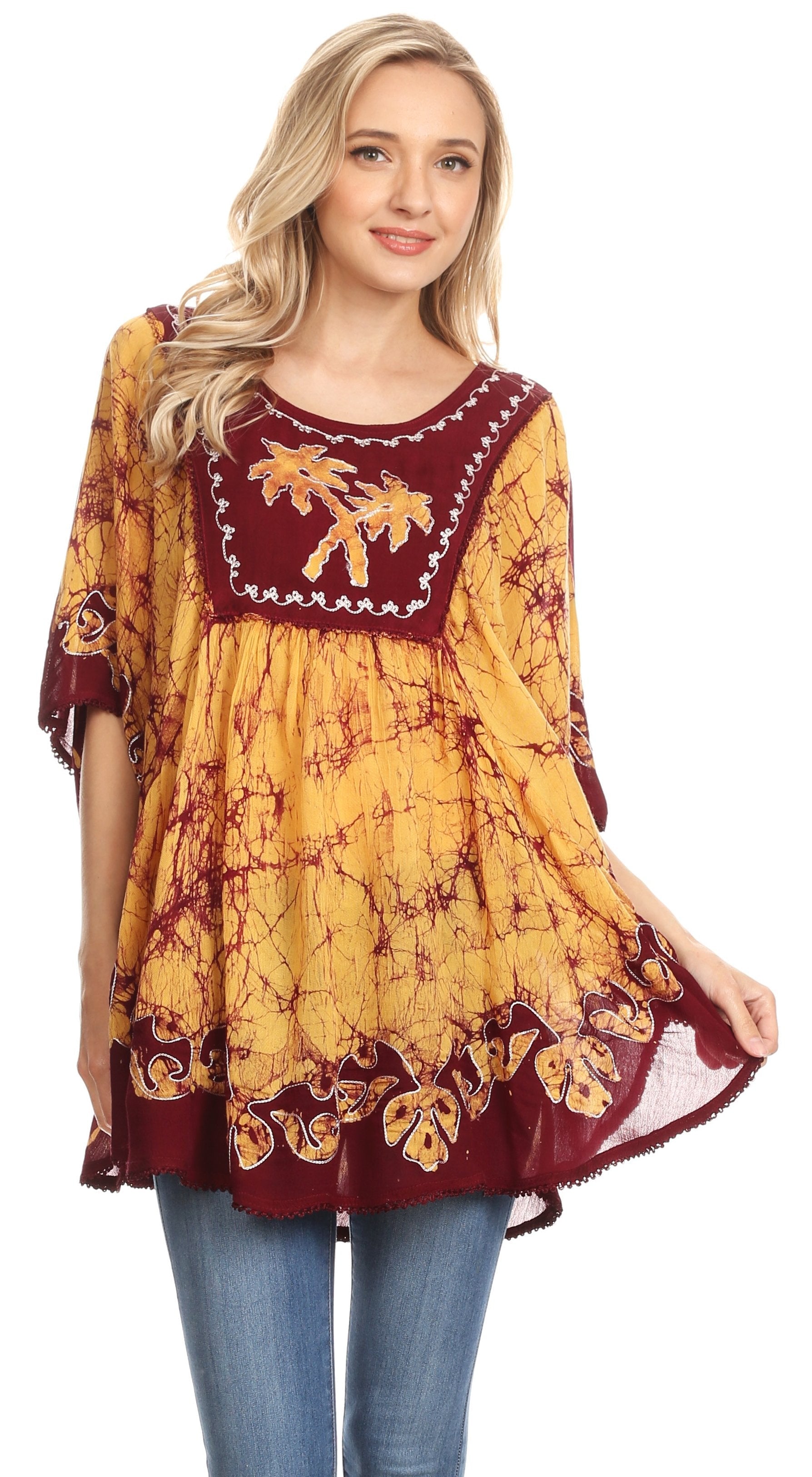 Sakkas Lynda Two Tone Batik Embroidered Palm Tree Peasant Top / Poncho - Concordia Style Boutique