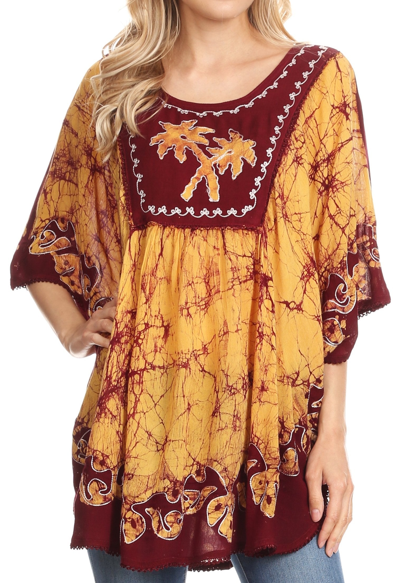 Sakkas Lynda Two Tone Batik Embroidered Palm Tree Peasant Top / Poncho - Concordia Style Boutique