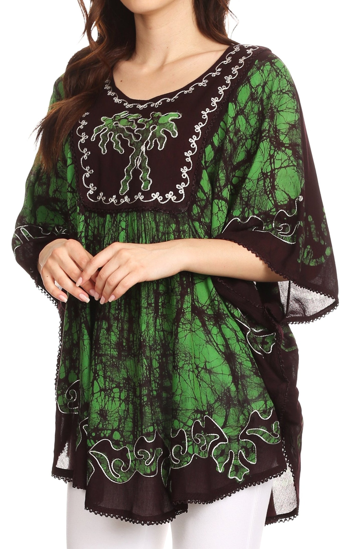 Sakkas Lynda Two Tone Batik Embroidered Palm Tree Peasant Top / Poncho - Concordia Style Boutique