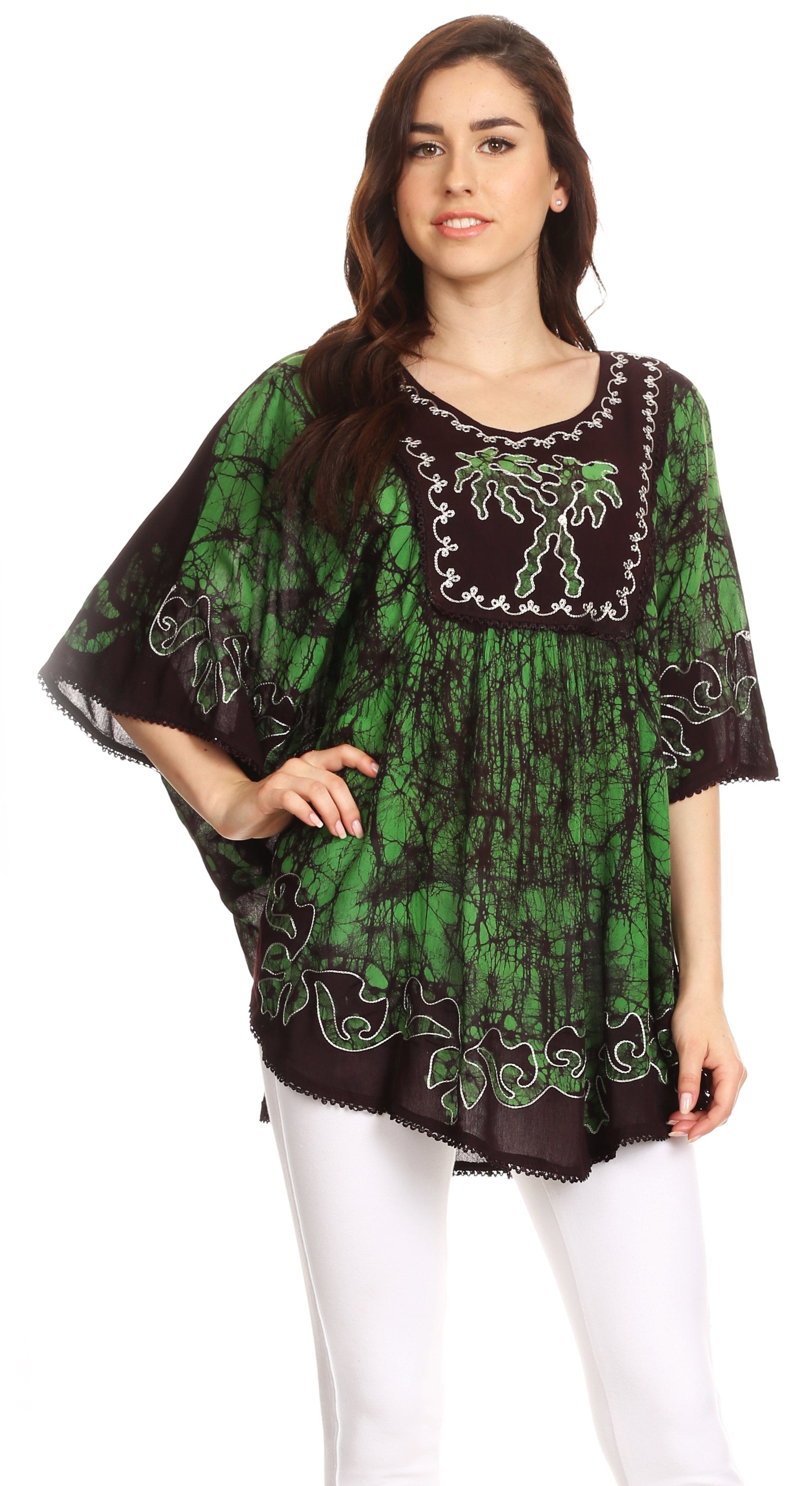 Sakkas Lynda Two Tone Batik Embroidered Palm Tree Peasant Top / Poncho - Concordia Style Boutique