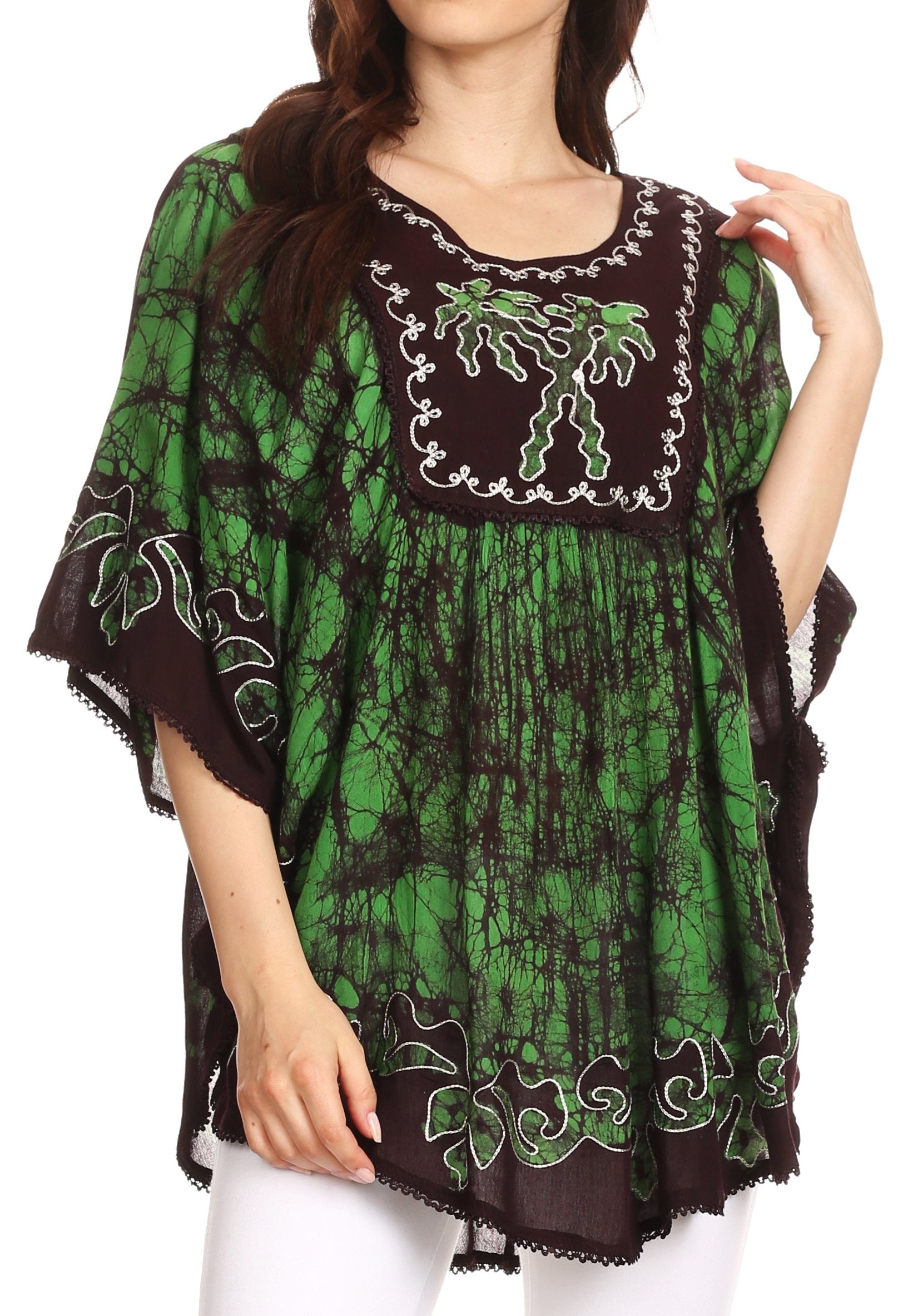 Sakkas Lynda Two Tone Batik Embroidered Palm Tree Peasant Top / Poncho - Concordia Style Boutique