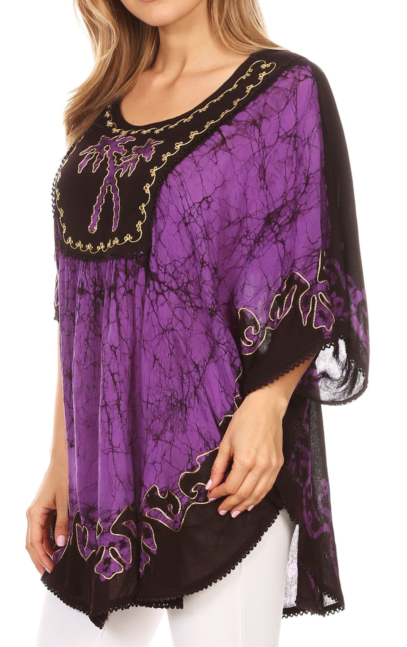 Sakkas Lynda Two Tone Batik Embroidered Palm Tree Peasant Top / Poncho - Concordia Style Boutique