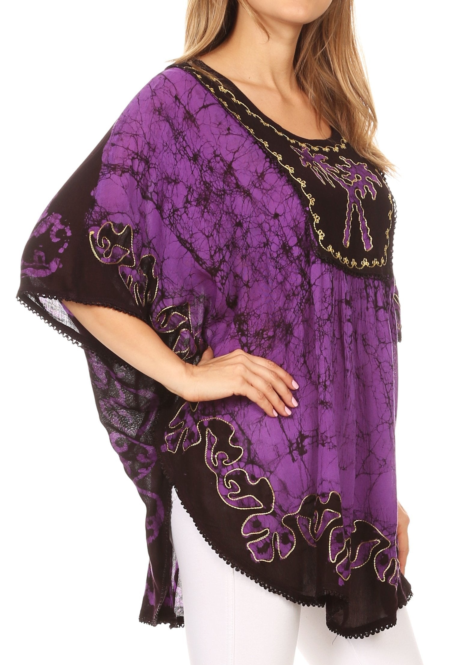 Sakkas Lynda Two Tone Batik Embroidered Palm Tree Peasant Top / Poncho - Concordia Style Boutique