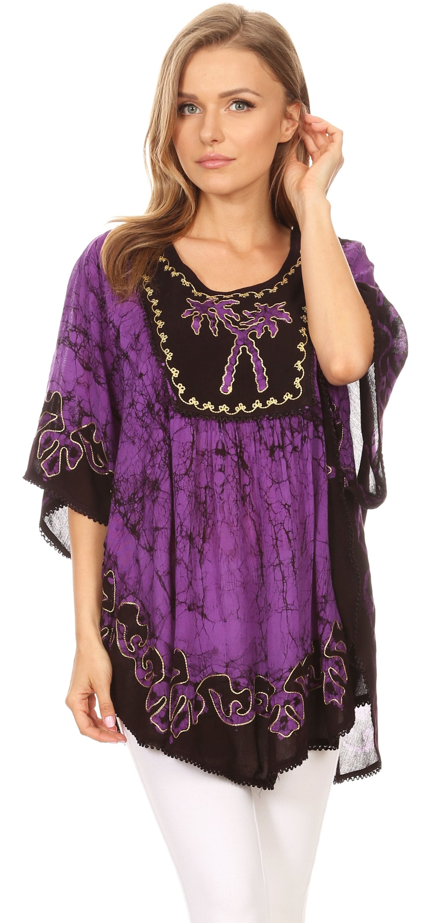 Sakkas Lynda Two Tone Batik Embroidered Palm Tree Peasant Top / Poncho - Concordia Style Boutique
