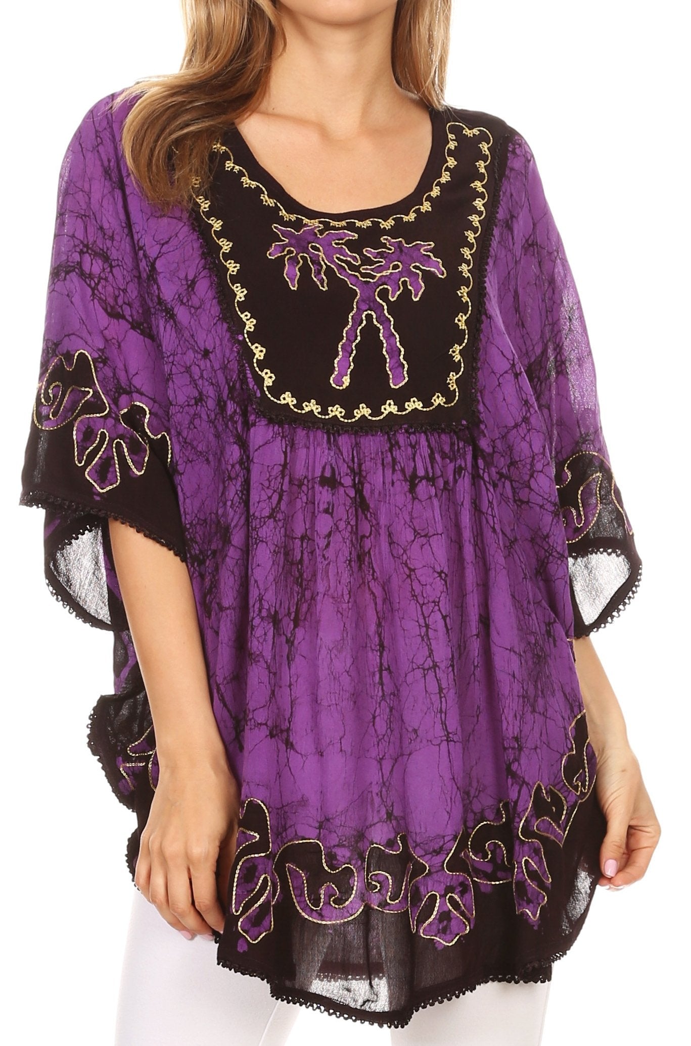 Sakkas Lynda Two Tone Batik Embroidered Palm Tree Peasant Top / Poncho - Concordia Style Boutique