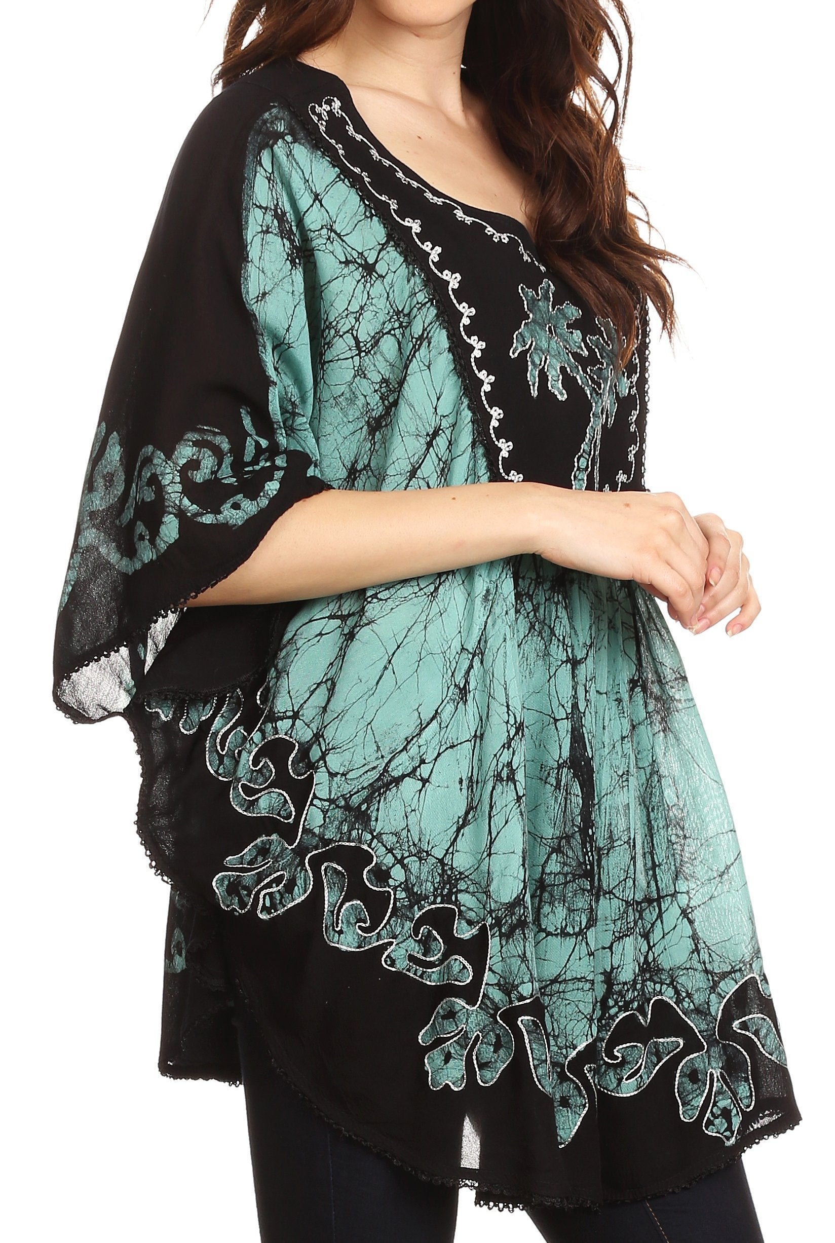 Sakkas Lynda Two Tone Batik Embroidered Palm Tree Peasant Top / Poncho - Concordia Style Boutique