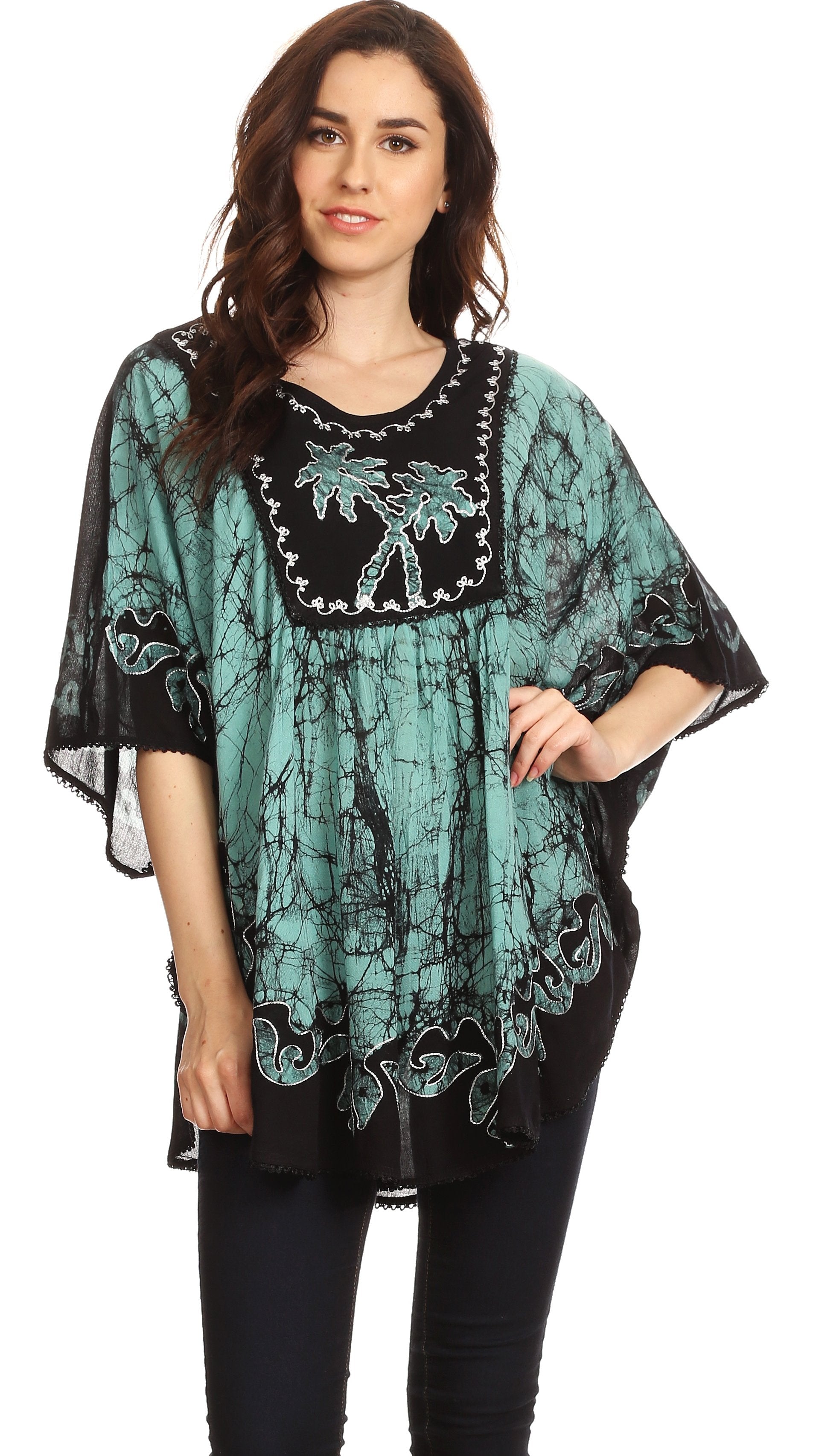 Sakkas Lynda Two Tone Batik Embroidered Palm Tree Peasant Top / Poncho - Concordia Style Boutique