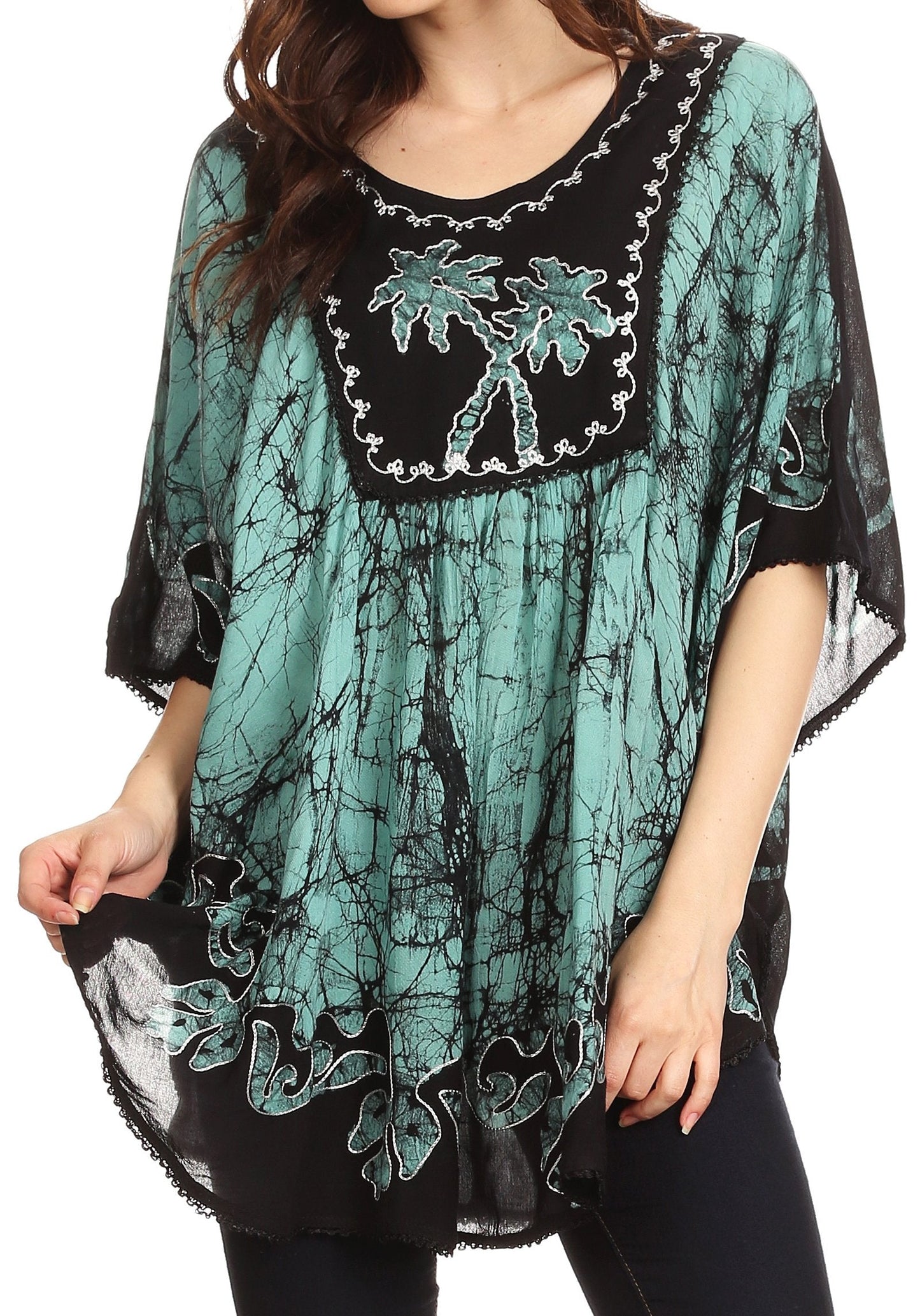 Sakkas Lynda Two Tone Batik Embroidered Palm Tree Peasant Top / Poncho - Concordia Style Boutique