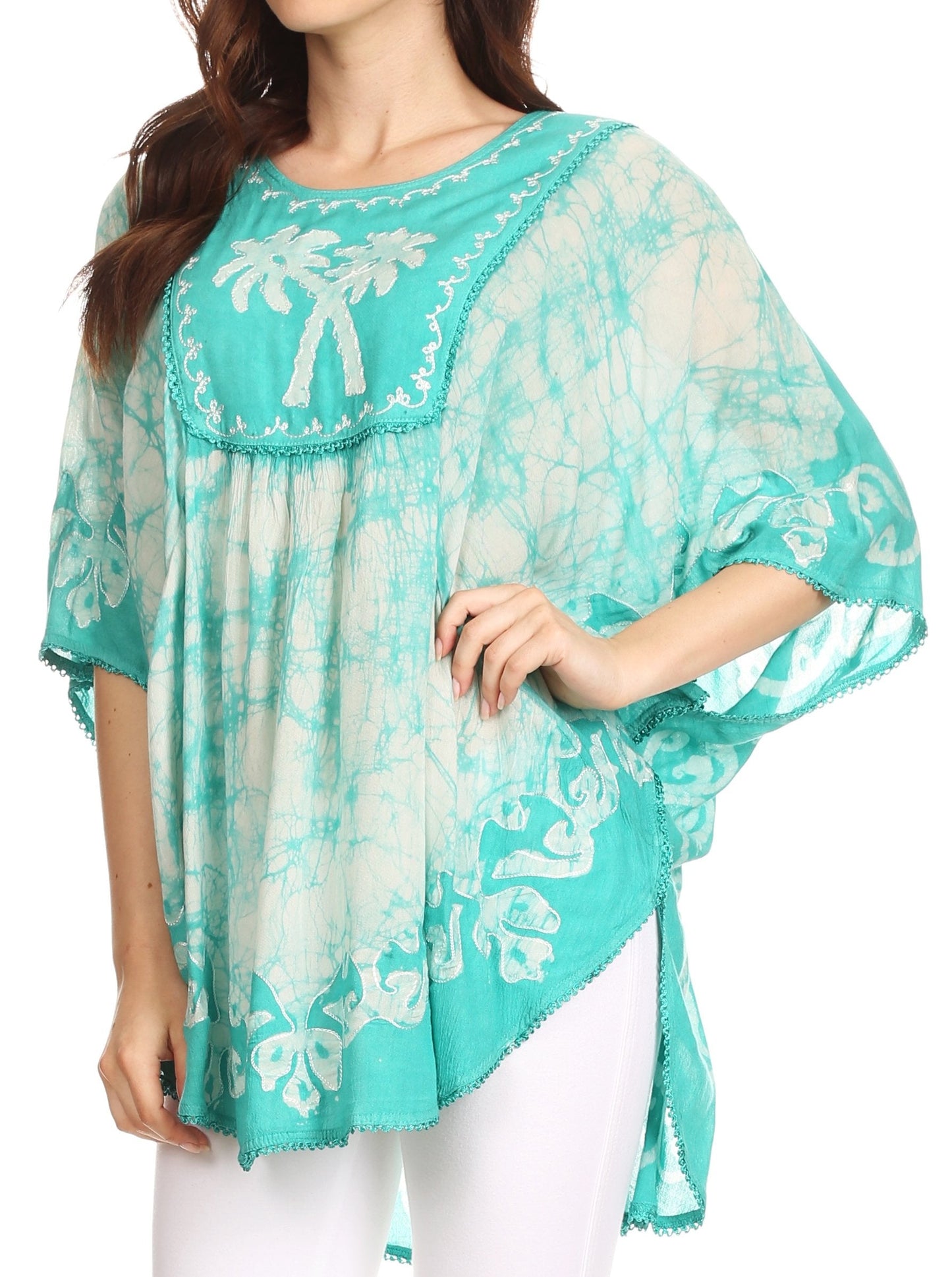 Sakkas Lynda Two Tone Batik Embroidered Palm Tree Peasant Top / Poncho - Concordia Style Boutique