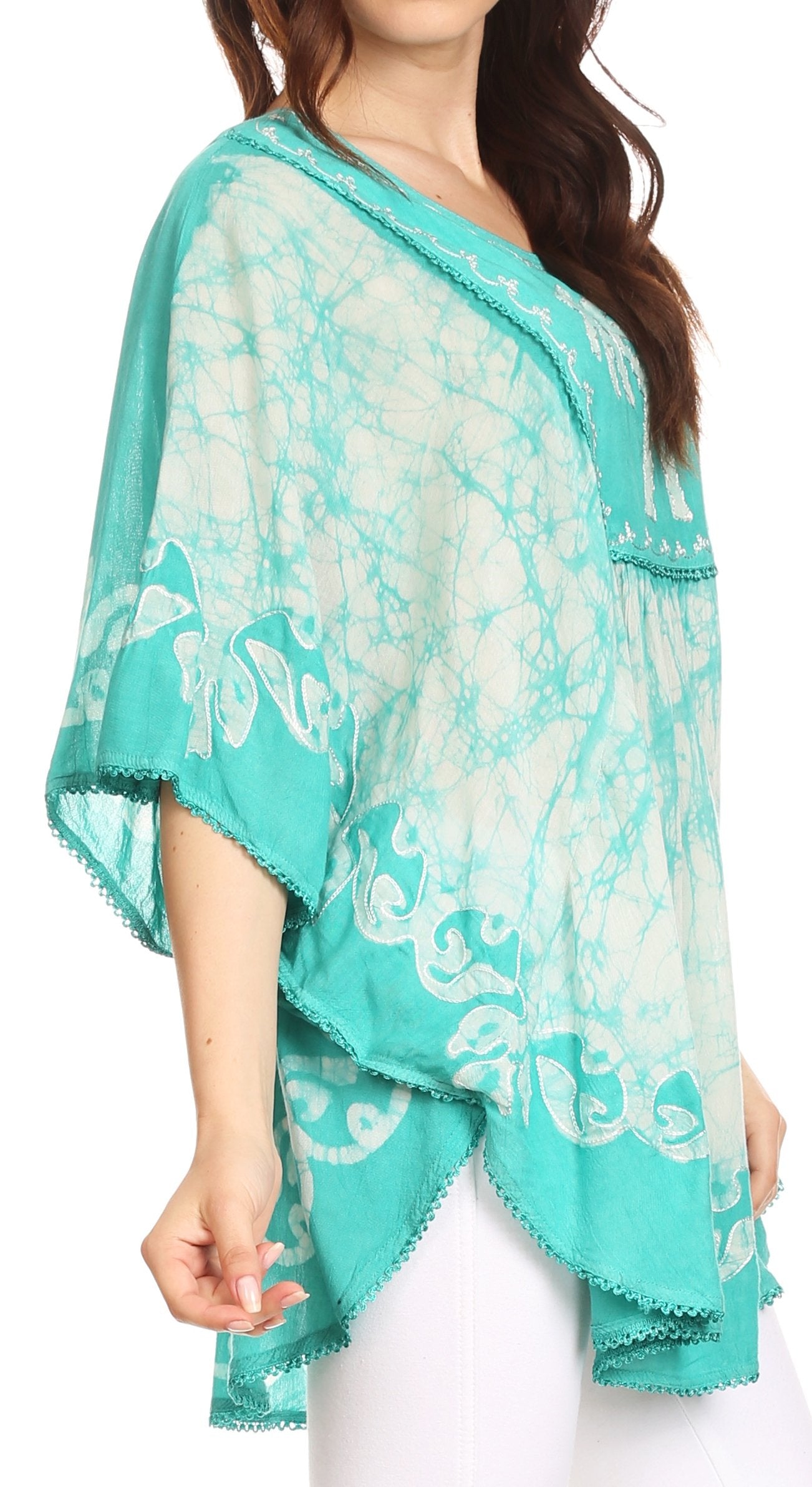 Sakkas Lynda Two Tone Batik Embroidered Palm Tree Peasant Top / Poncho - Concordia Style Boutique