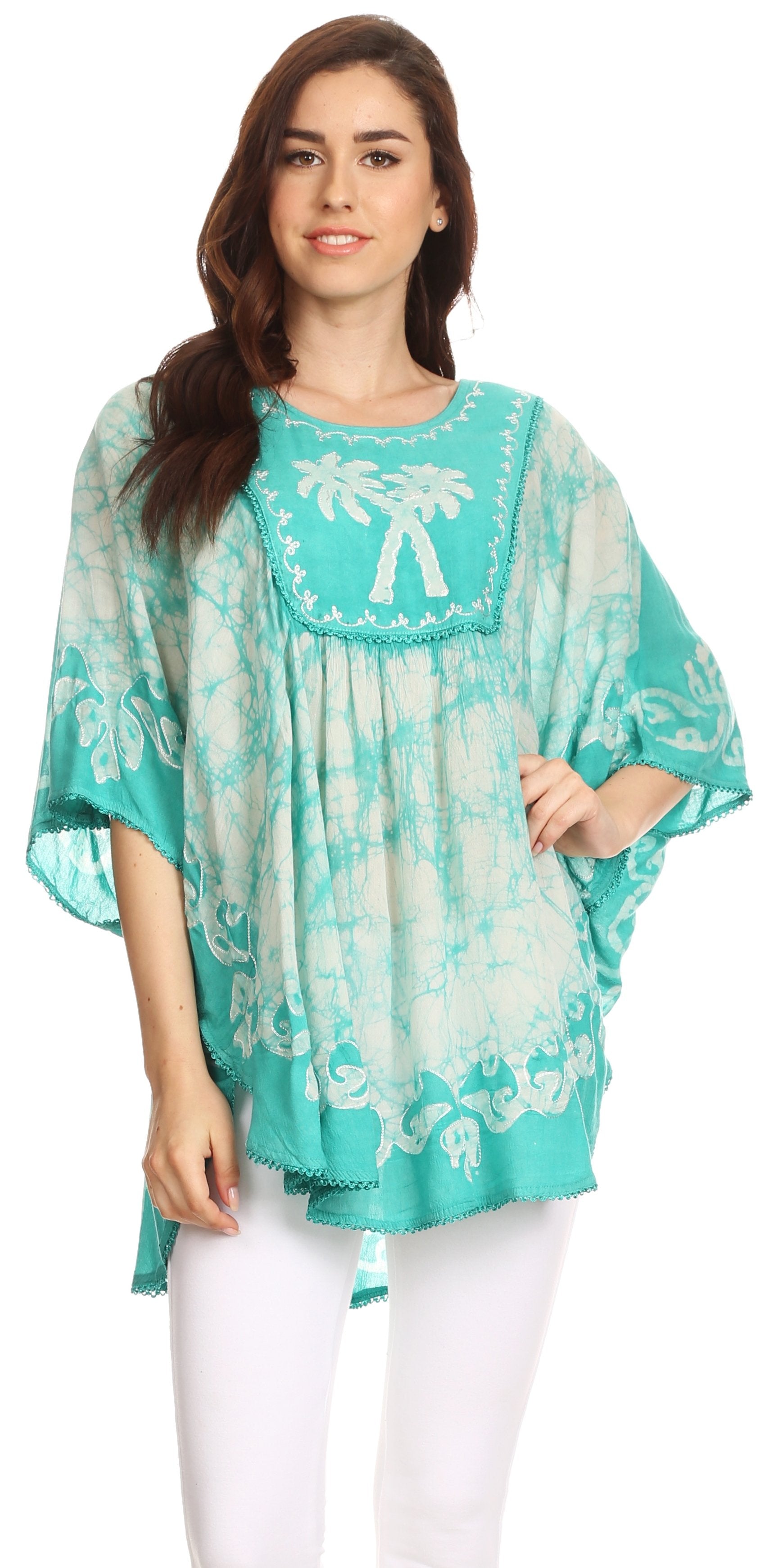 Sakkas Lynda Two Tone Batik Embroidered Palm Tree Peasant Top / Poncho - Concordia Style Boutique