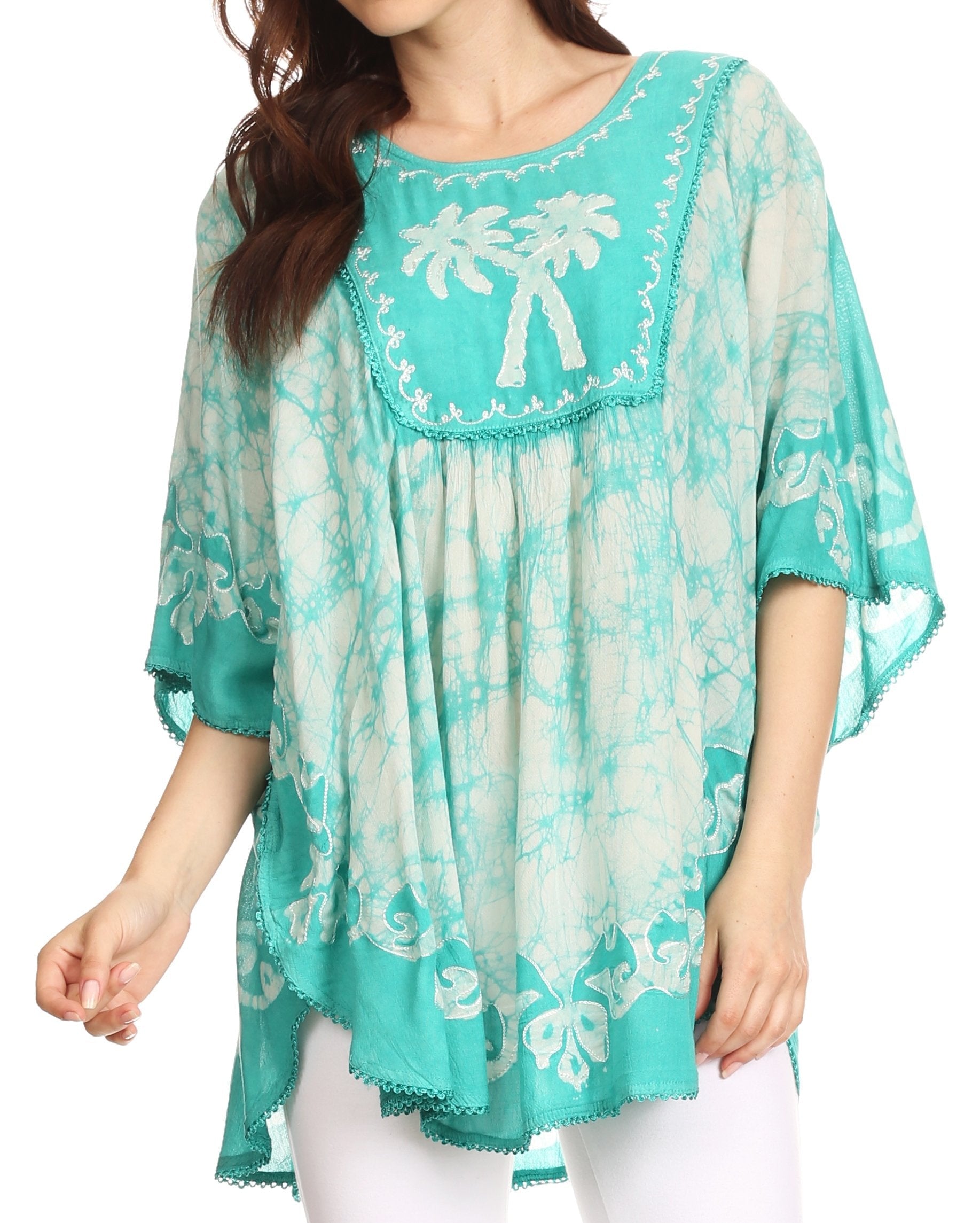 Sakkas Lynda Two Tone Batik Embroidered Palm Tree Peasant Top / Poncho - Concordia Style Boutique