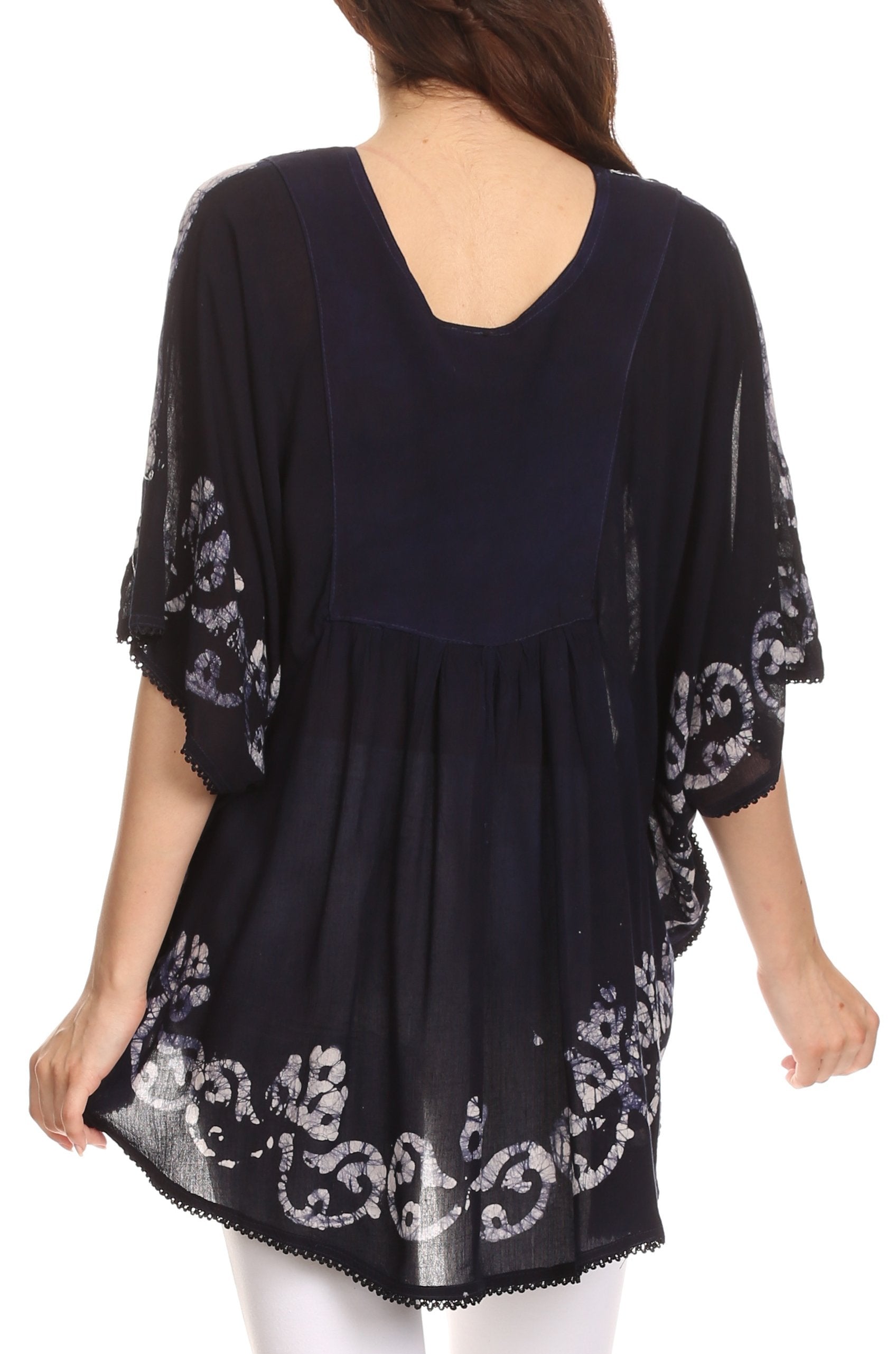 Sakkas Lynda Two Tone Batik Embroidered Palm Tree Peasant Top / Poncho - Concordia Style Boutique