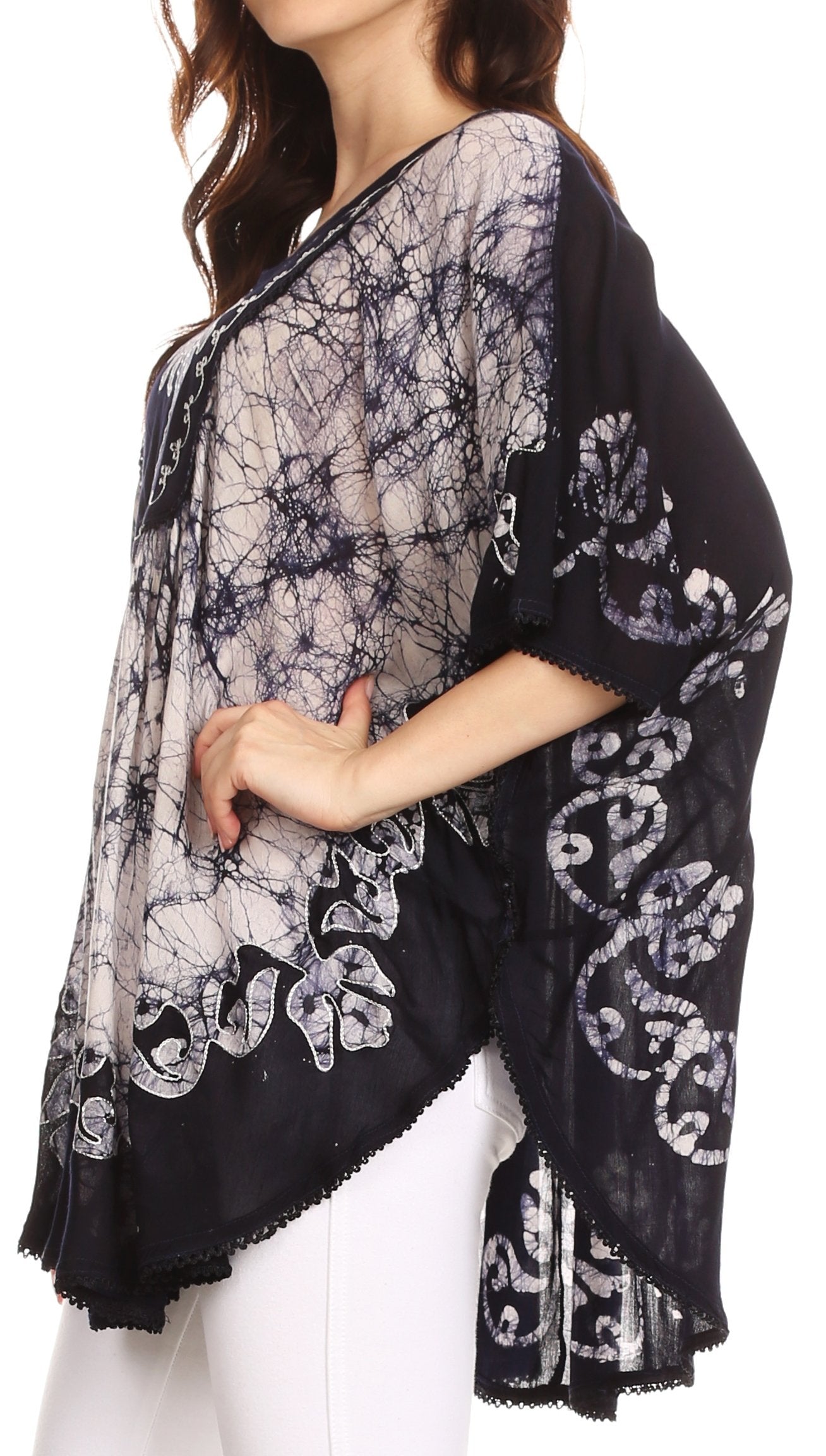 Sakkas Lynda Two Tone Batik Embroidered Palm Tree Peasant Top / Poncho - Concordia Style Boutique