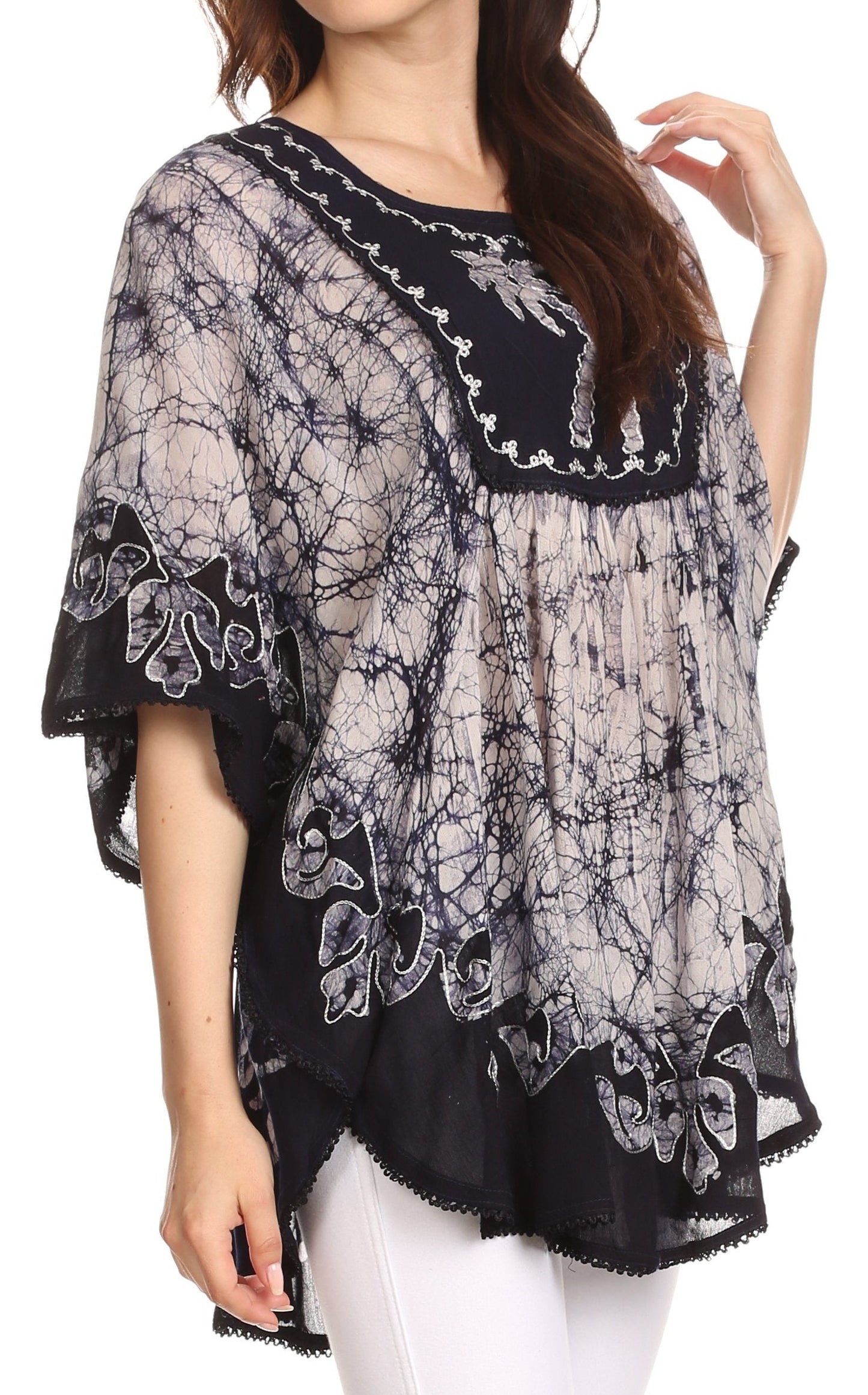 Sakkas Lynda Two Tone Batik Embroidered Palm Tree Peasant Top / Poncho - Concordia Style Boutique