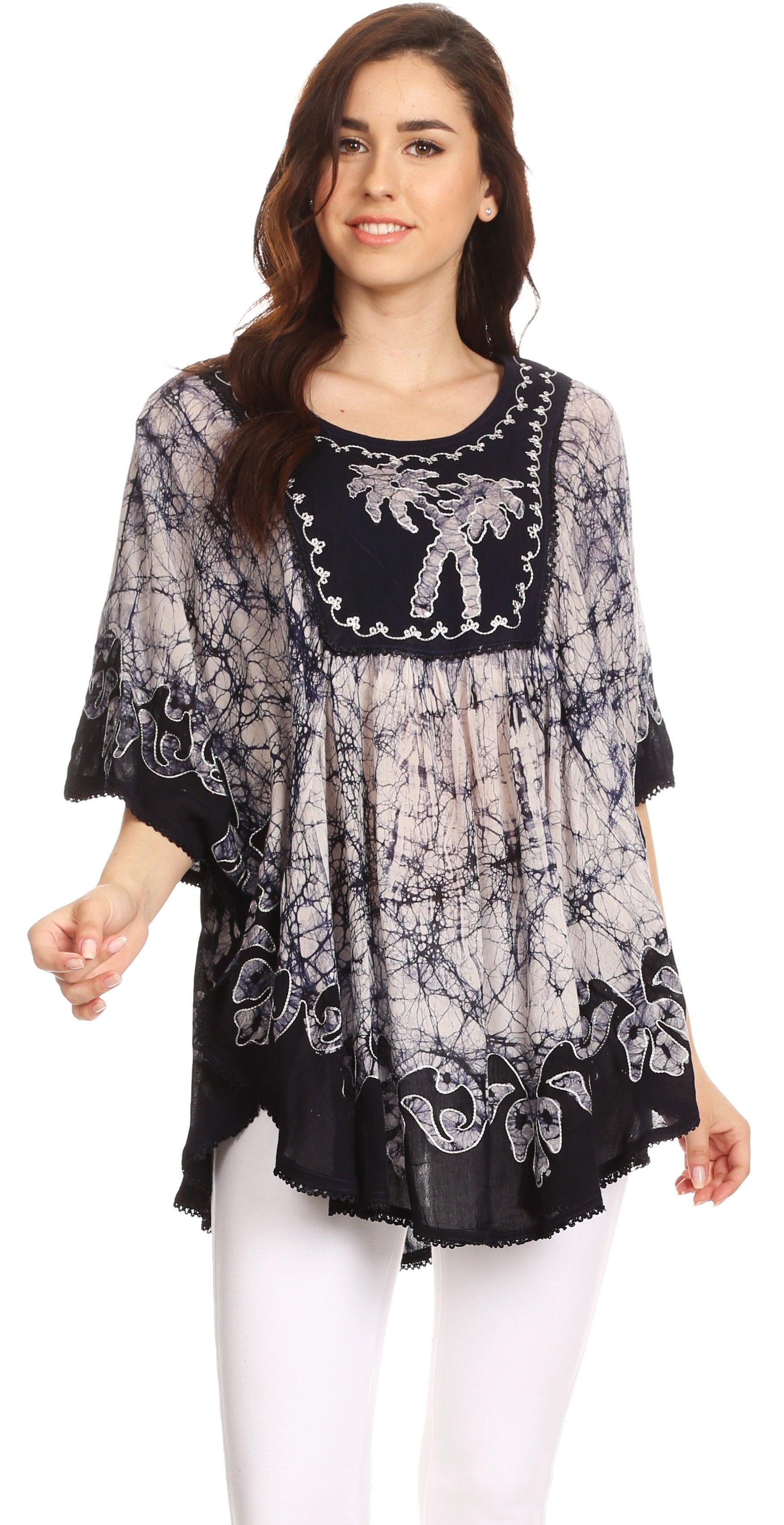 Sakkas Lynda Two Tone Batik Embroidered Palm Tree Peasant Top / Poncho - Concordia Style Boutique