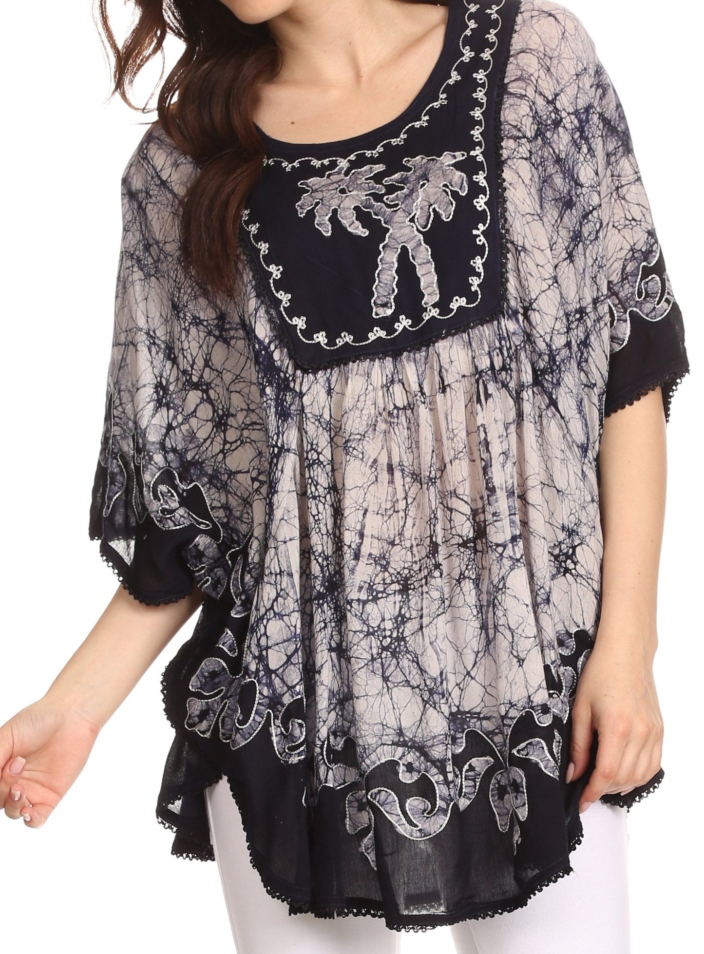 Sakkas Lynda Two Tone Batik Embroidered Palm Tree Peasant Top / Poncho - Concordia Style Boutique