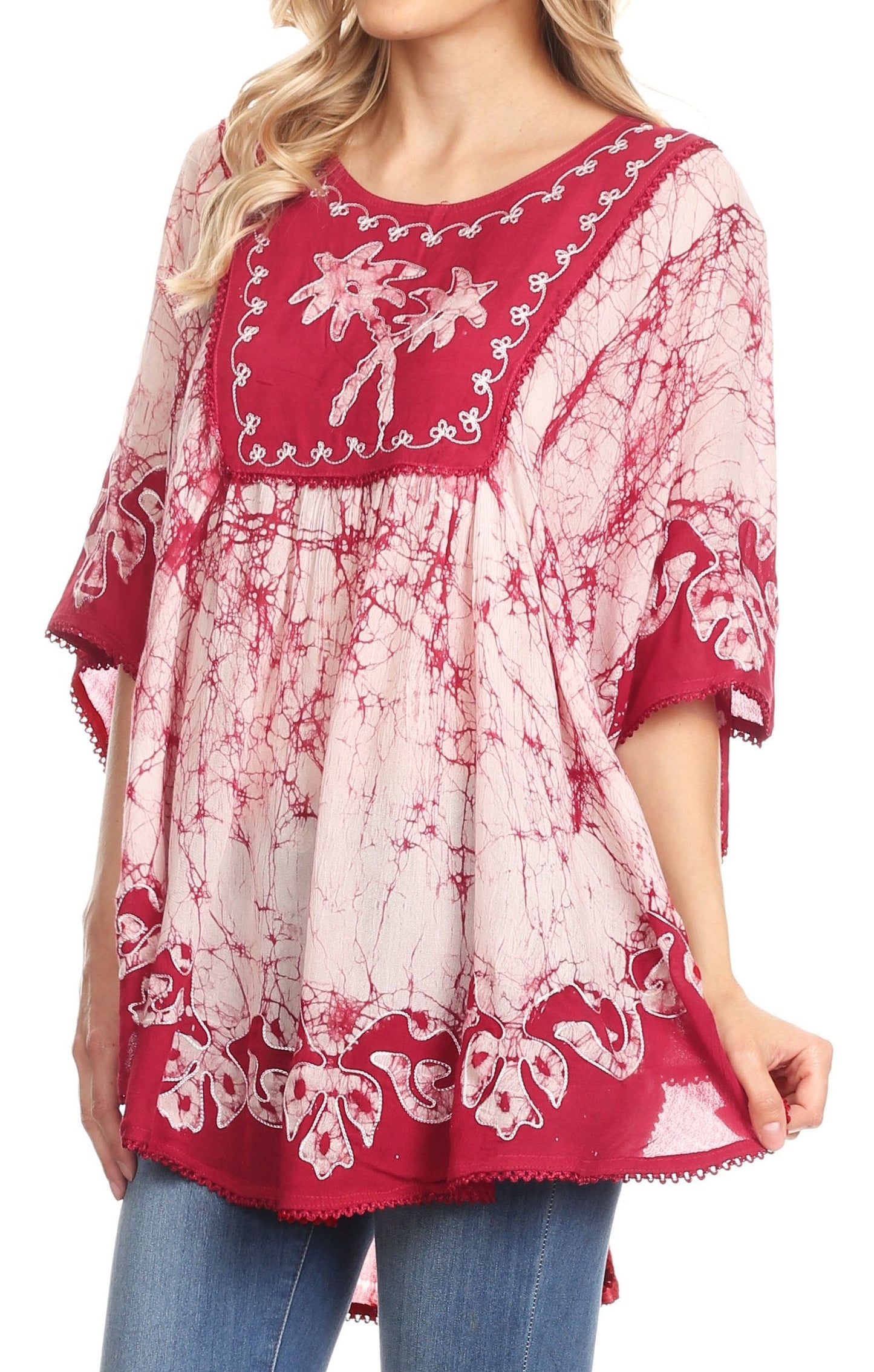 Sakkas Lynda Two Tone Batik Embroidered Palm Tree Peasant Top / Poncho - Concordia Style Boutique