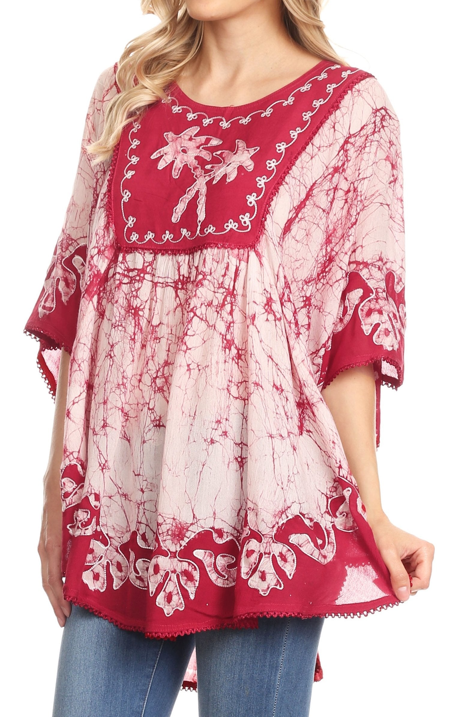 Sakkas Lynda Two Tone Batik Embroidered Palm Tree Peasant Top / Poncho - Concordia Style Boutique