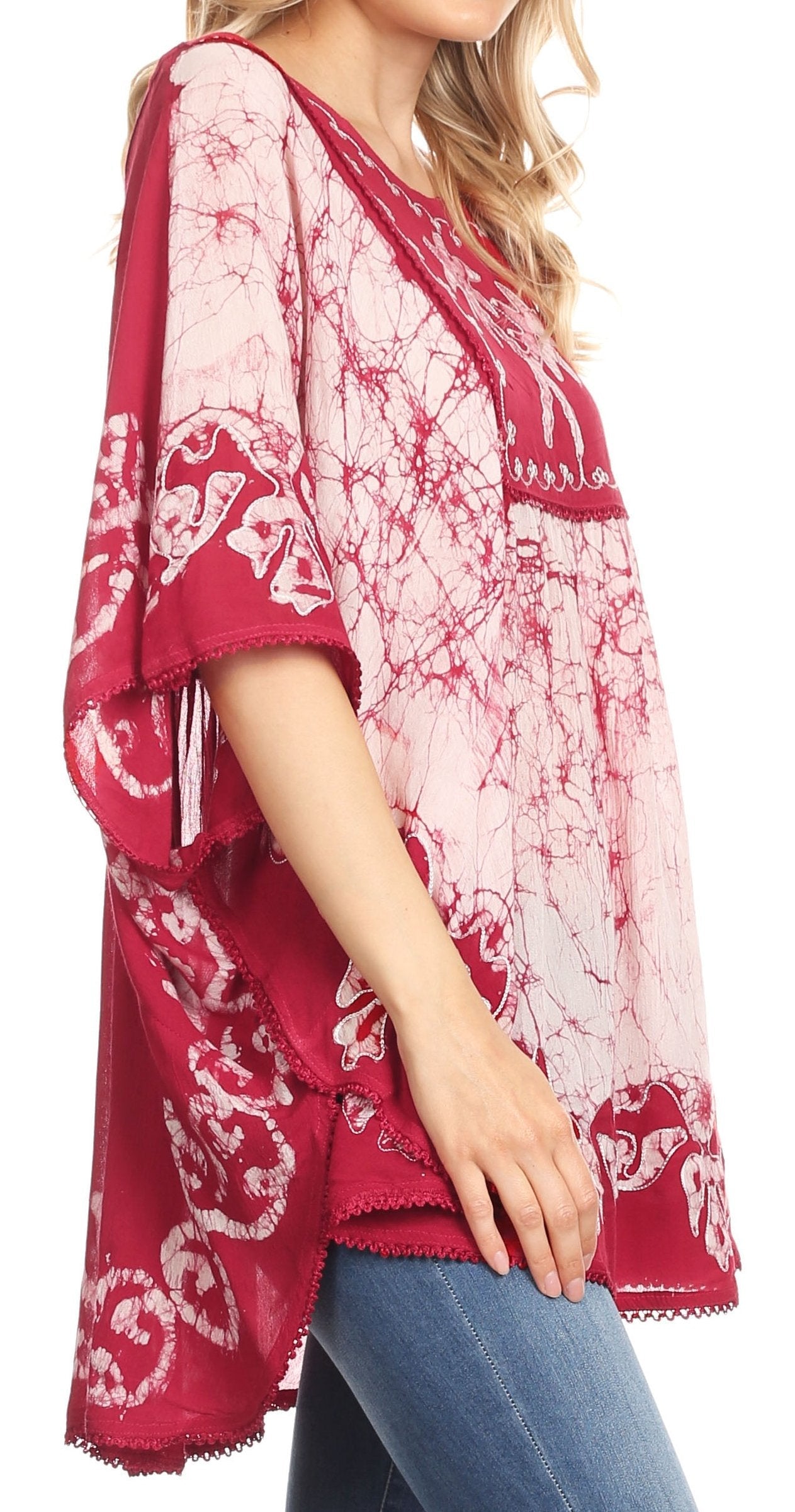 Sakkas Lynda Two Tone Batik Embroidered Palm Tree Peasant Top / Poncho - Concordia Style Boutique