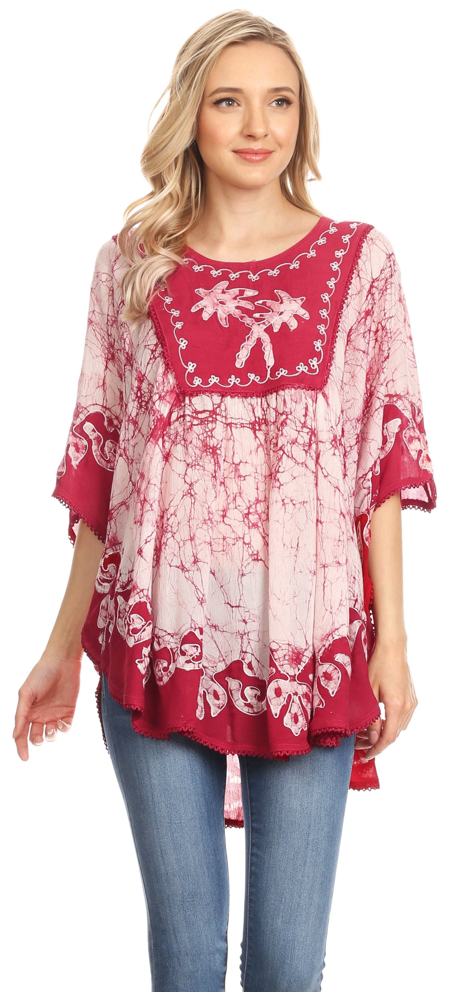 Sakkas Lynda Two Tone Batik Embroidered Palm Tree Peasant Top / Poncho - Concordia Style Boutique