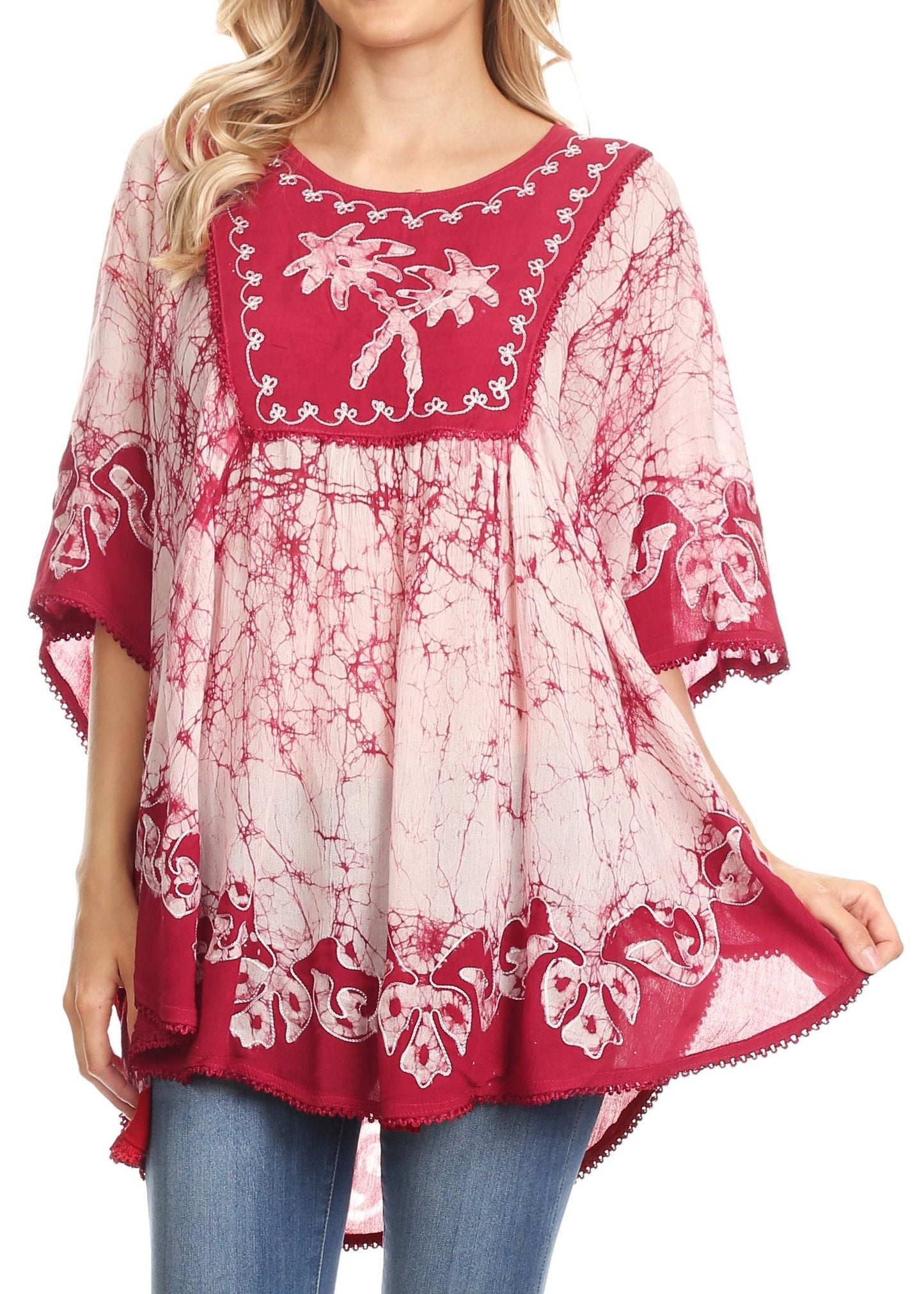 Sakkas Lynda Two Tone Batik Embroidered Palm Tree Peasant Top / Poncho - Concordia Style Boutique