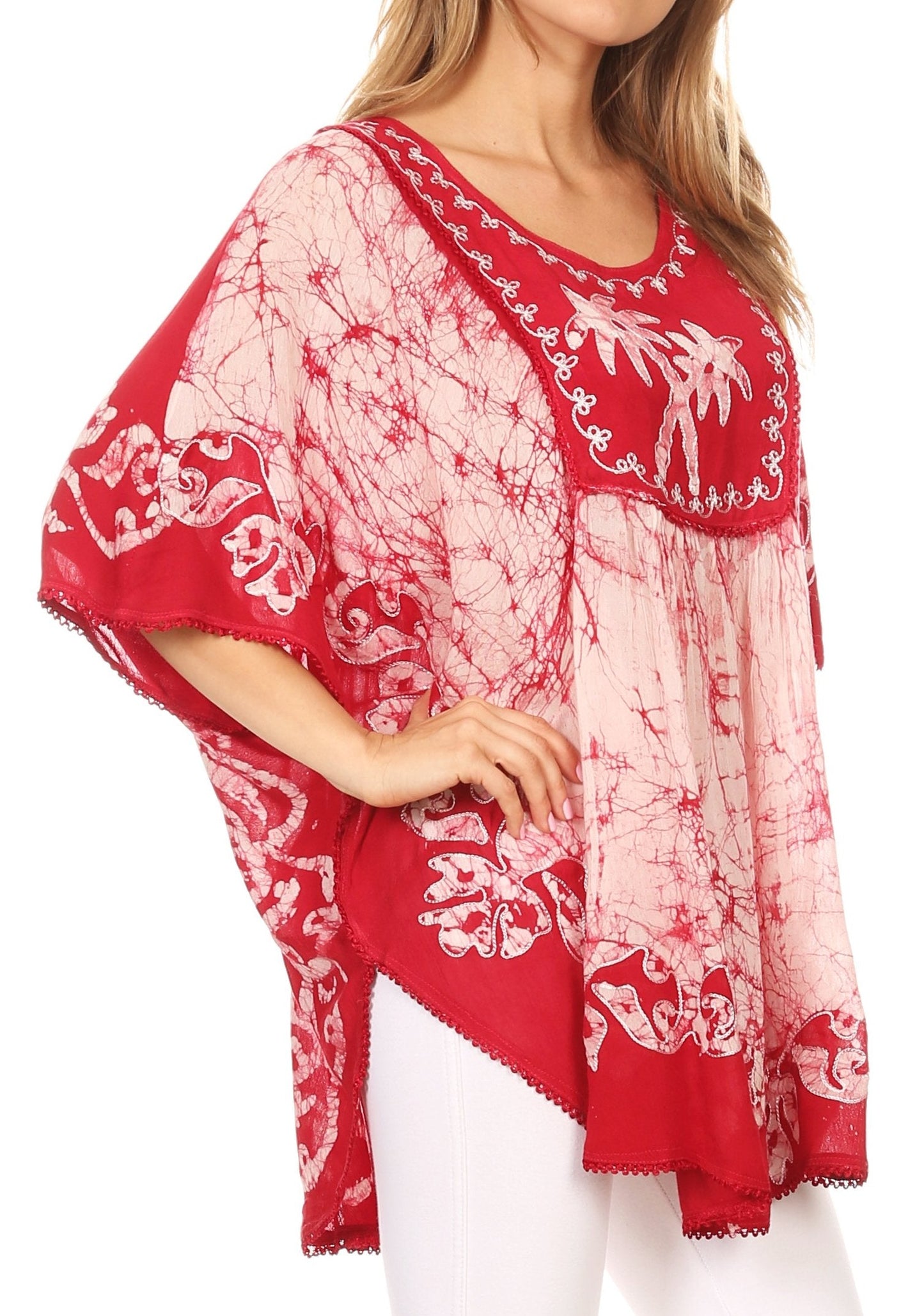 Sakkas Lynda Two Tone Batik Embroidered Palm Tree Peasant Top / Poncho - Concordia Style Boutique