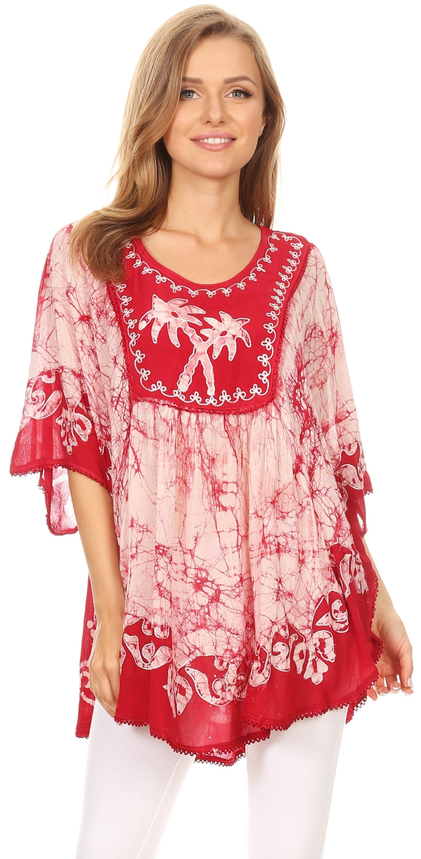 Sakkas Lynda Two Tone Batik Embroidered Palm Tree Peasant Top / Poncho - Concordia Style Boutique