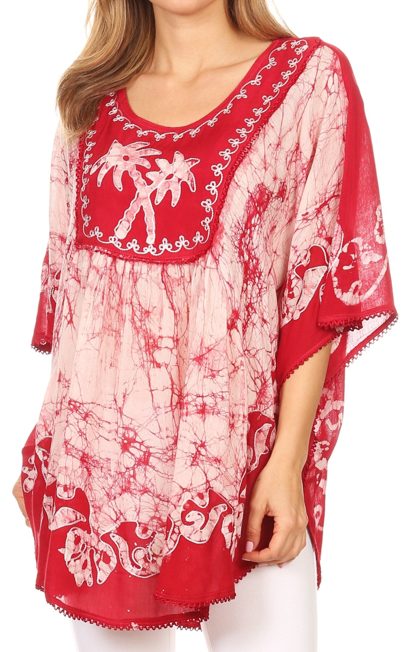 Sakkas Lynda Two Tone Batik Embroidered Palm Tree Peasant Top / Poncho - Concordia Style Boutique