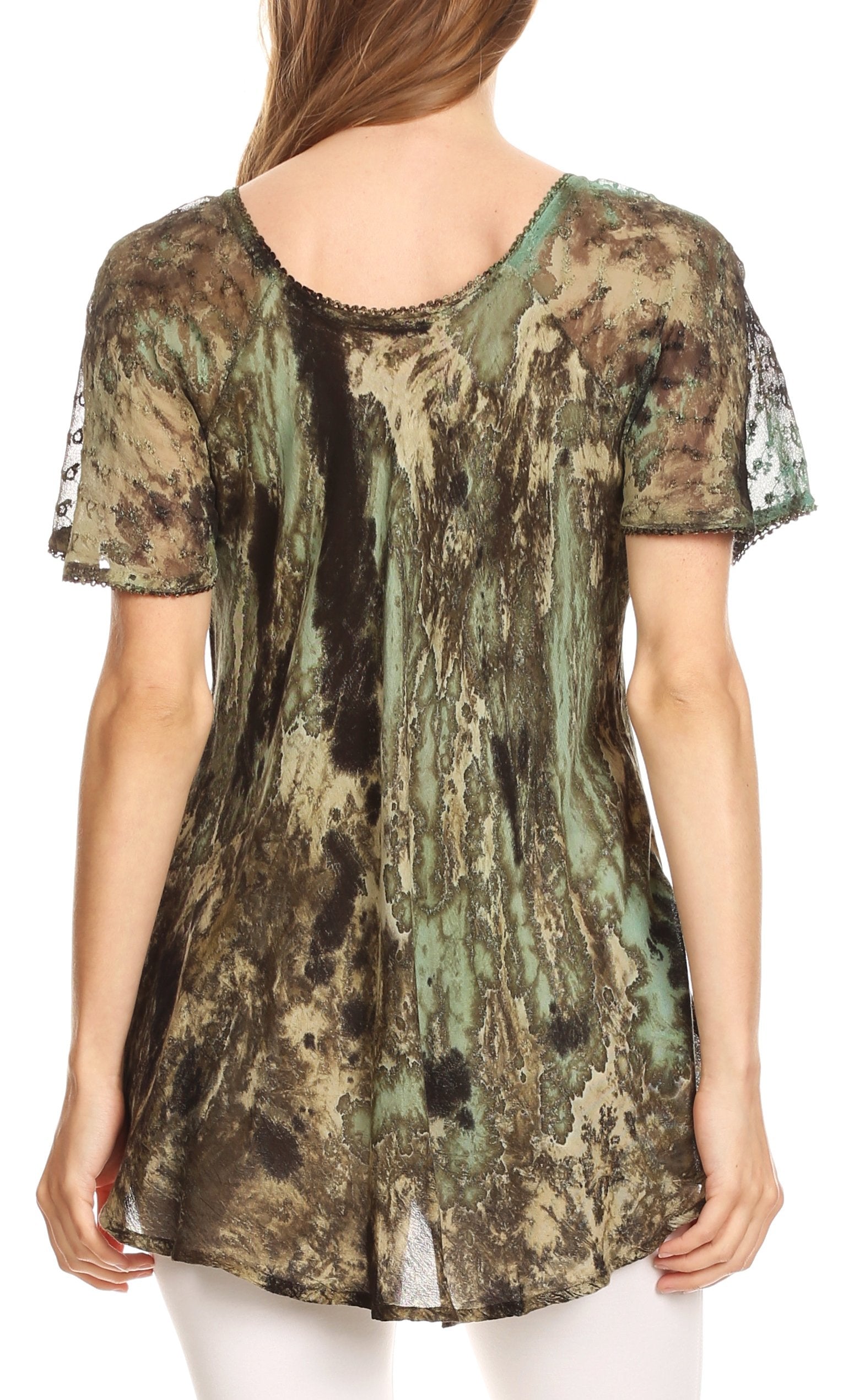 Sakkas Celia Marble Batik Short Sleeve Blouse/Top with Embroidery and Crochet - Concordia Style Boutique