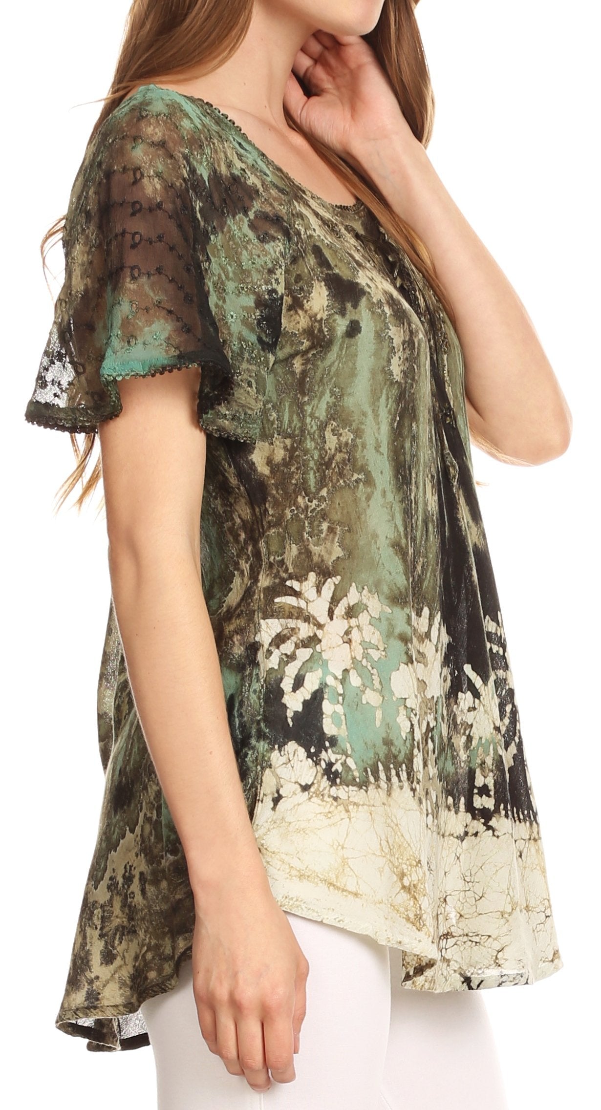 Sakkas Celia Marble Batik Short Sleeve Blouse/Top with Embroidery and Crochet - Concordia Style Boutique