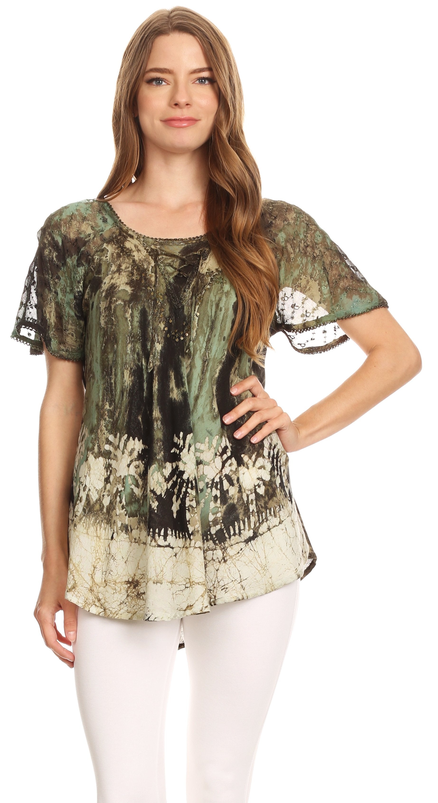 Sakkas Celia Marble Batik Short Sleeve Blouse/Top with Embroidery and Crochet - Concordia Style Boutique
