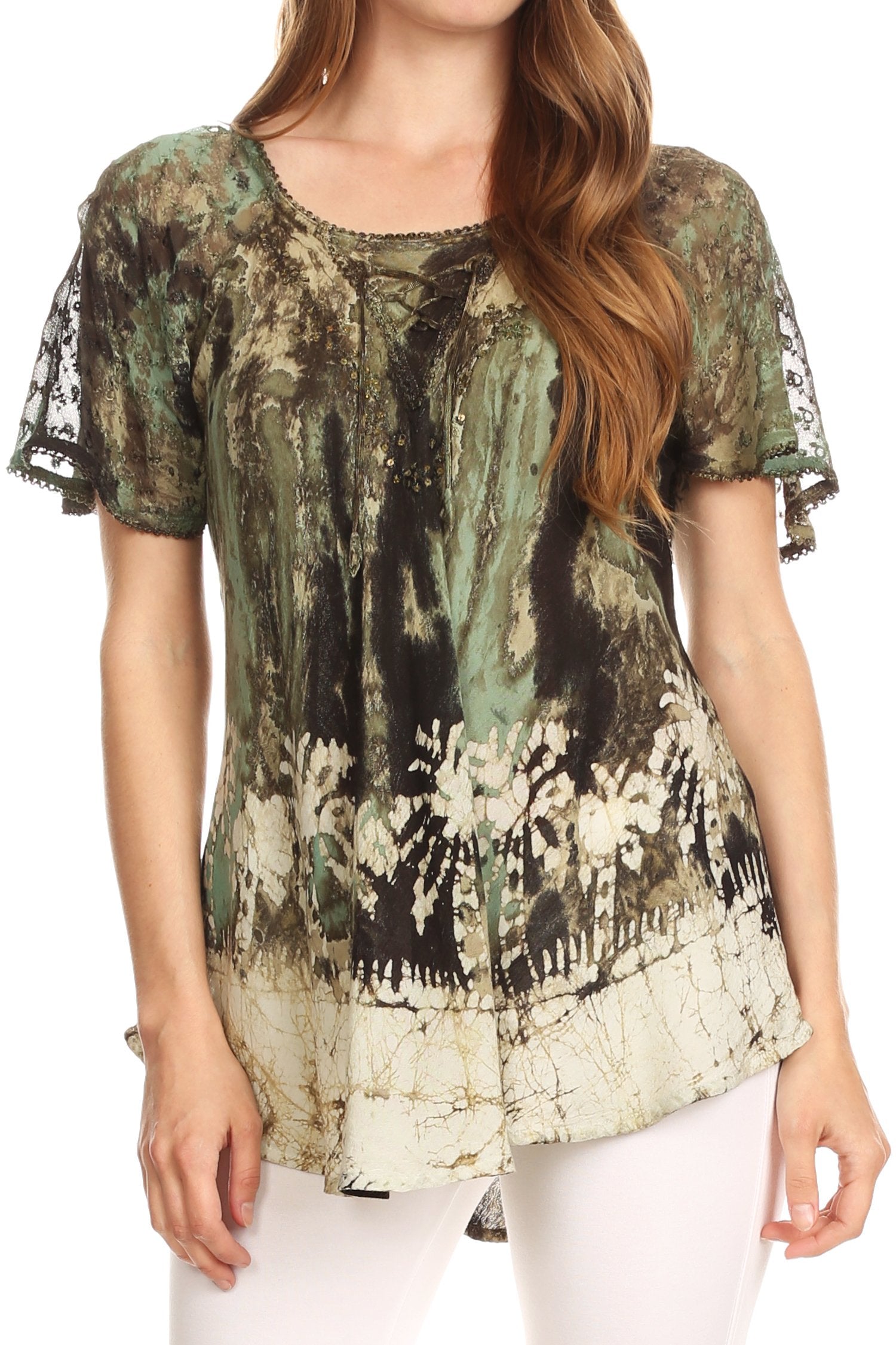 Sakkas Celia Marble Batik Short Sleeve Blouse/Top with Embroidery and Crochet - Concordia Style Boutique