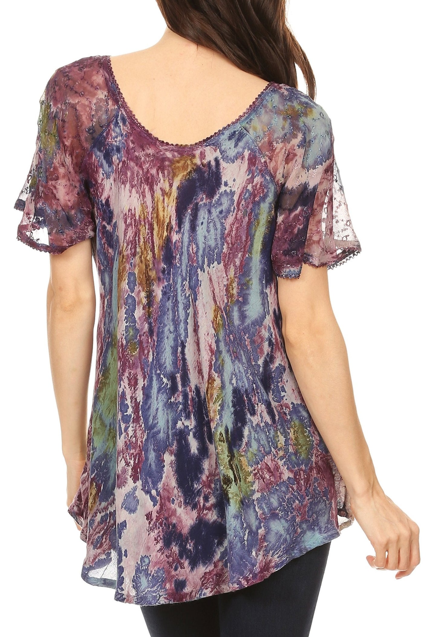 Sakkas Celia Marble Batik Short Sleeve Blouse/Top with Embroidery and Crochet - Concordia Style Boutique