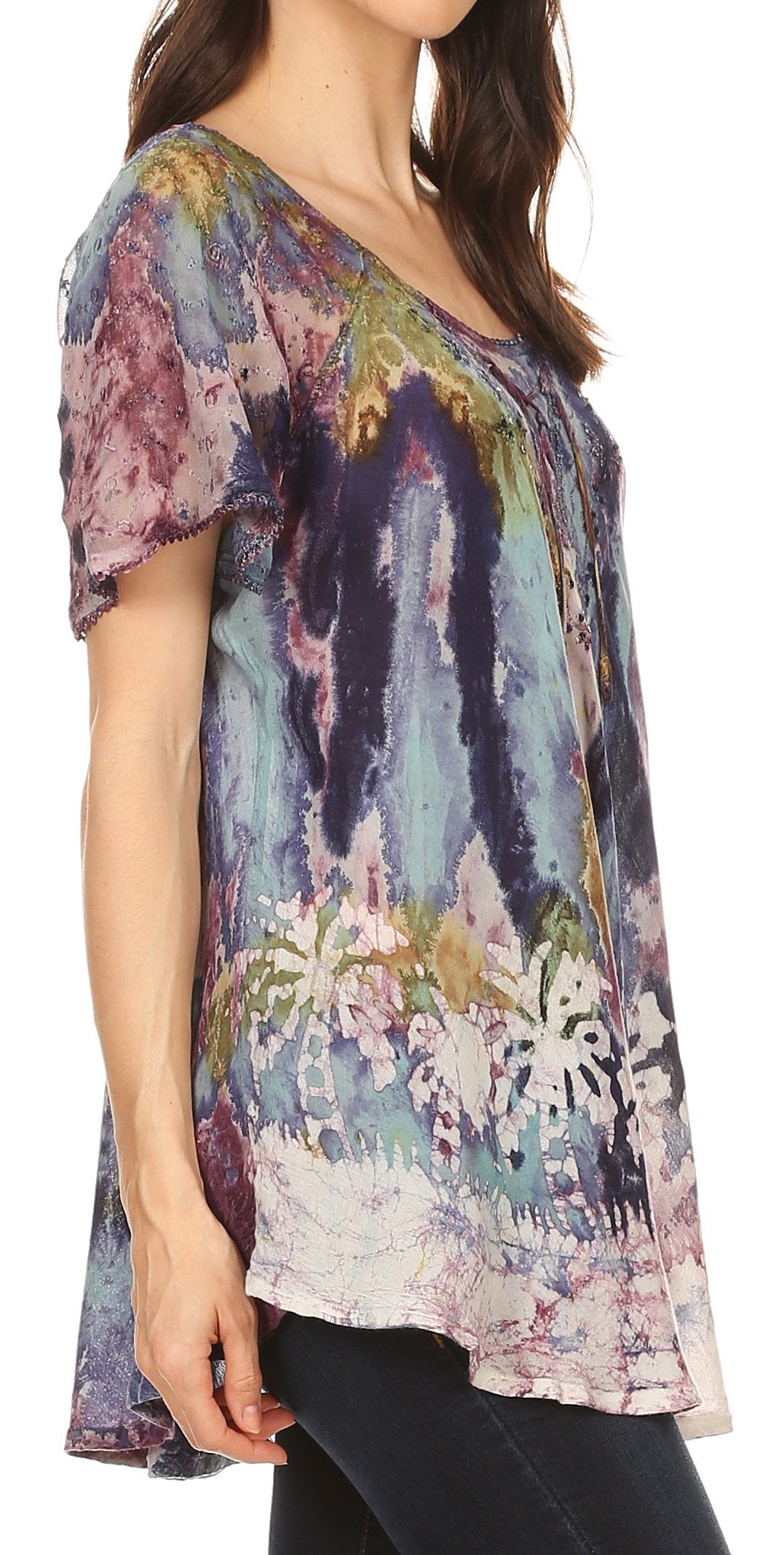 Sakkas Celia Marble Batik Short Sleeve Blouse/Top with Embroidery and Crochet - Concordia Style Boutique