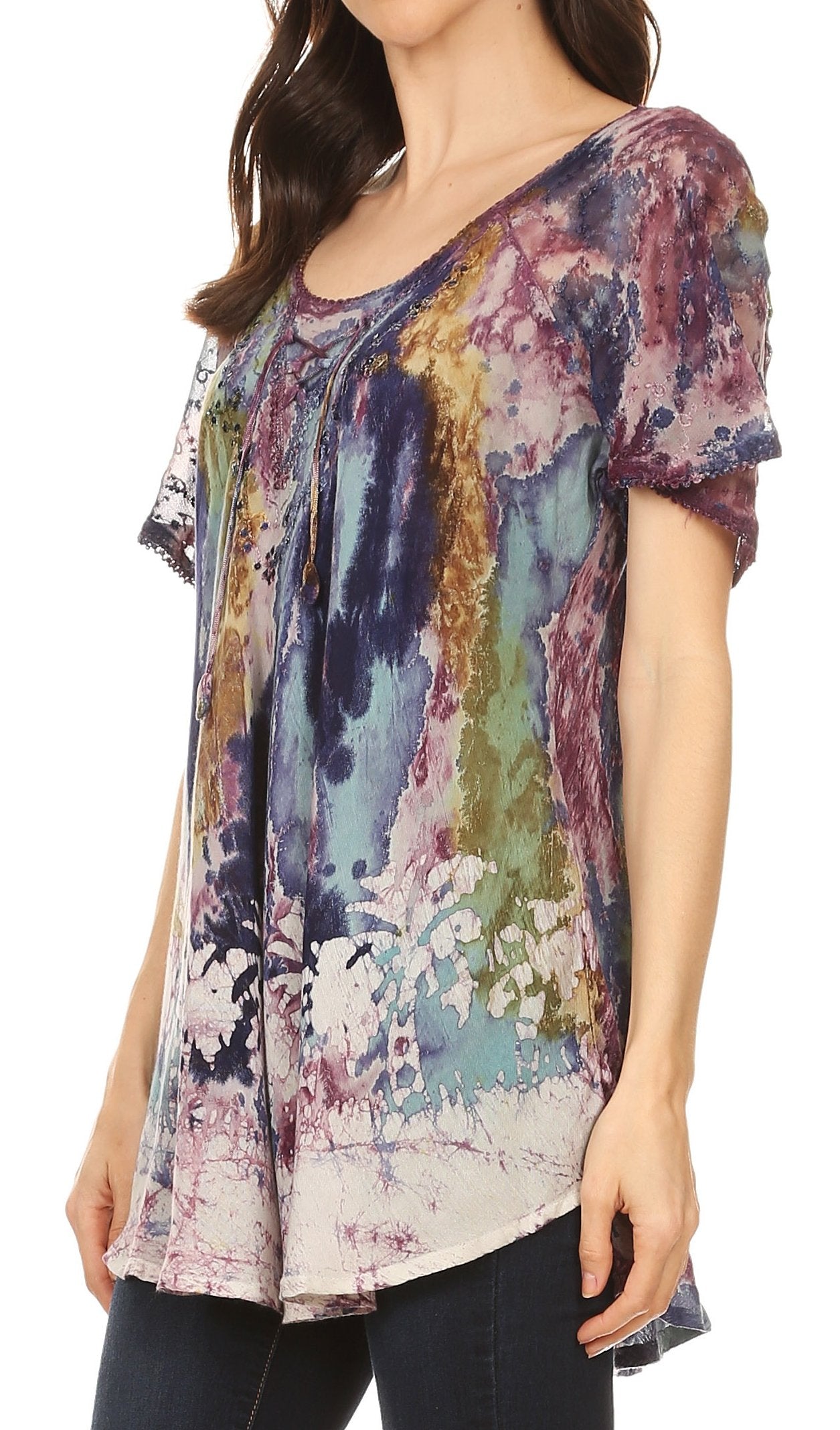 Sakkas Celia Marble Batik Short Sleeve Blouse/Top with Embroidery and Crochet - Concordia Style Boutique
