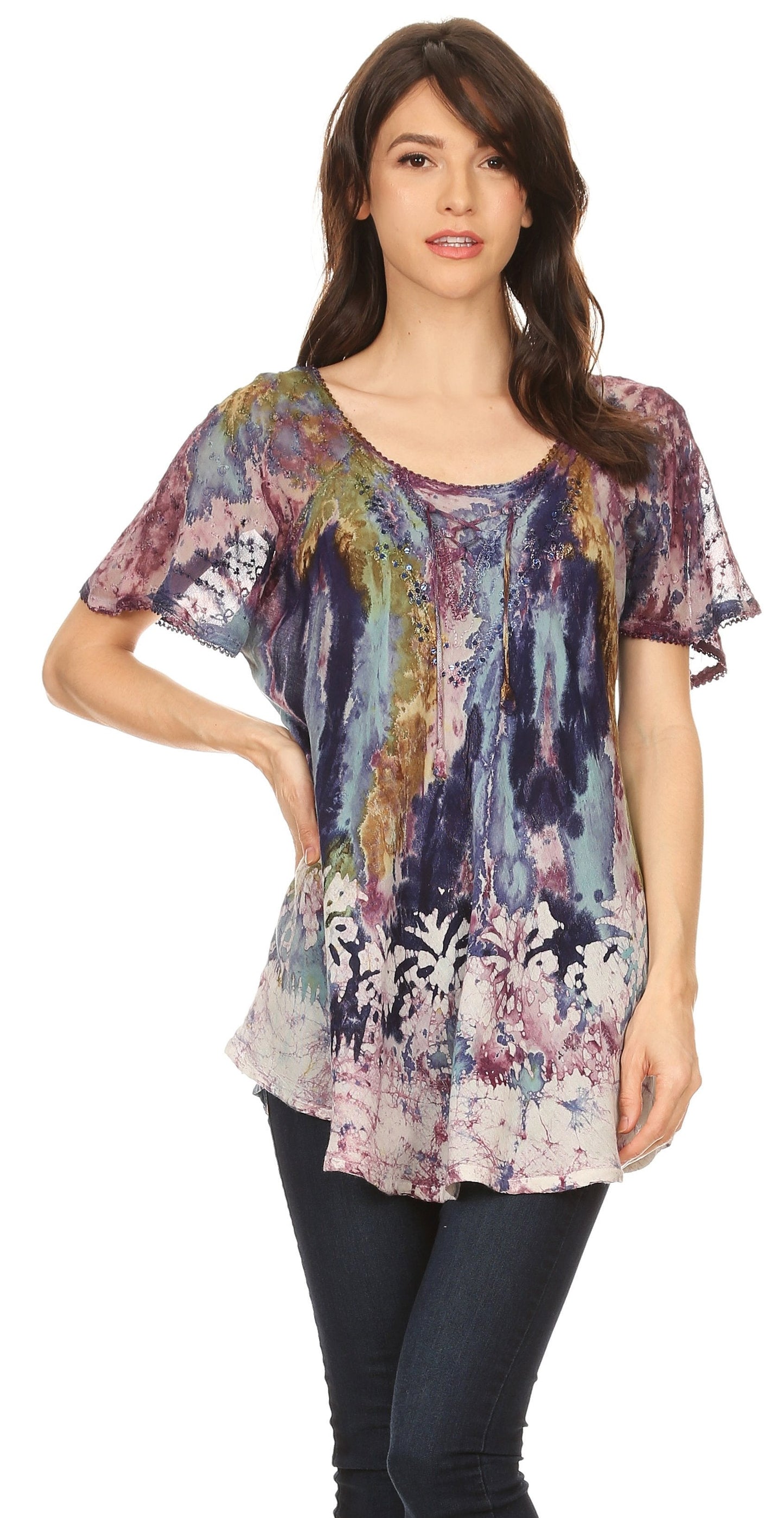 Sakkas Celia Marble Batik Short Sleeve Blouse/Top with Embroidery and Crochet - Concordia Style Boutique