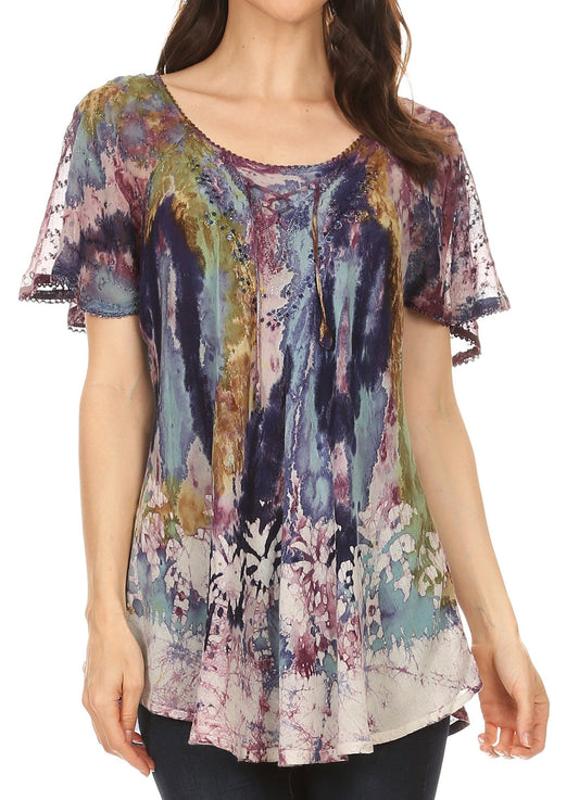Sakkas Celia Marble Batik Short Sleeve Blouse/Top with Embroidery and Crochet - Concordia Style Boutique