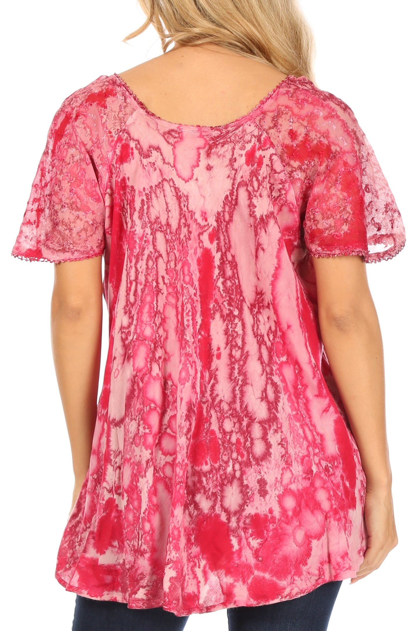 Sakkas Celia Marble Batik Short Sleeve Blouse/Top with Embroidery and Crochet - Concordia Style Boutique