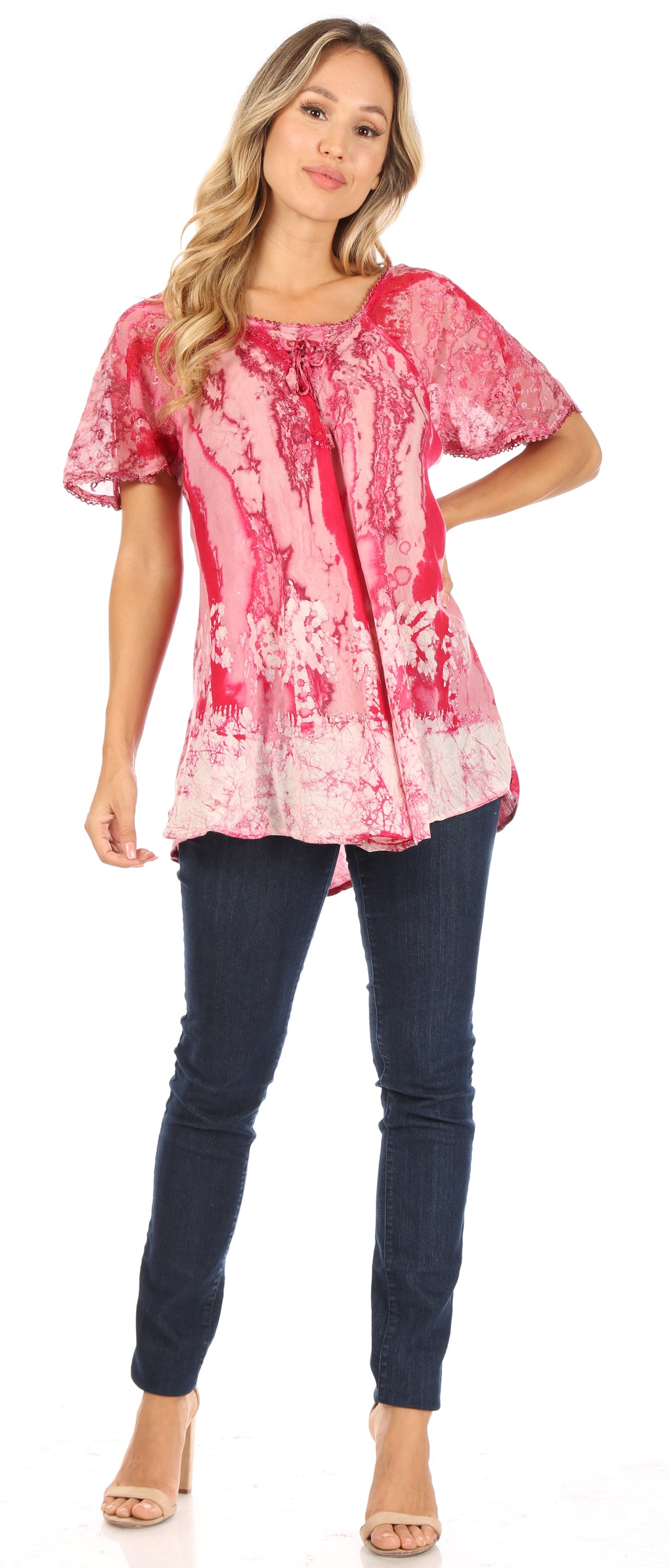 Sakkas Celia Marble Batik Short Sleeve Blouse/Top with Embroidery and Crochet - Concordia Style Boutique