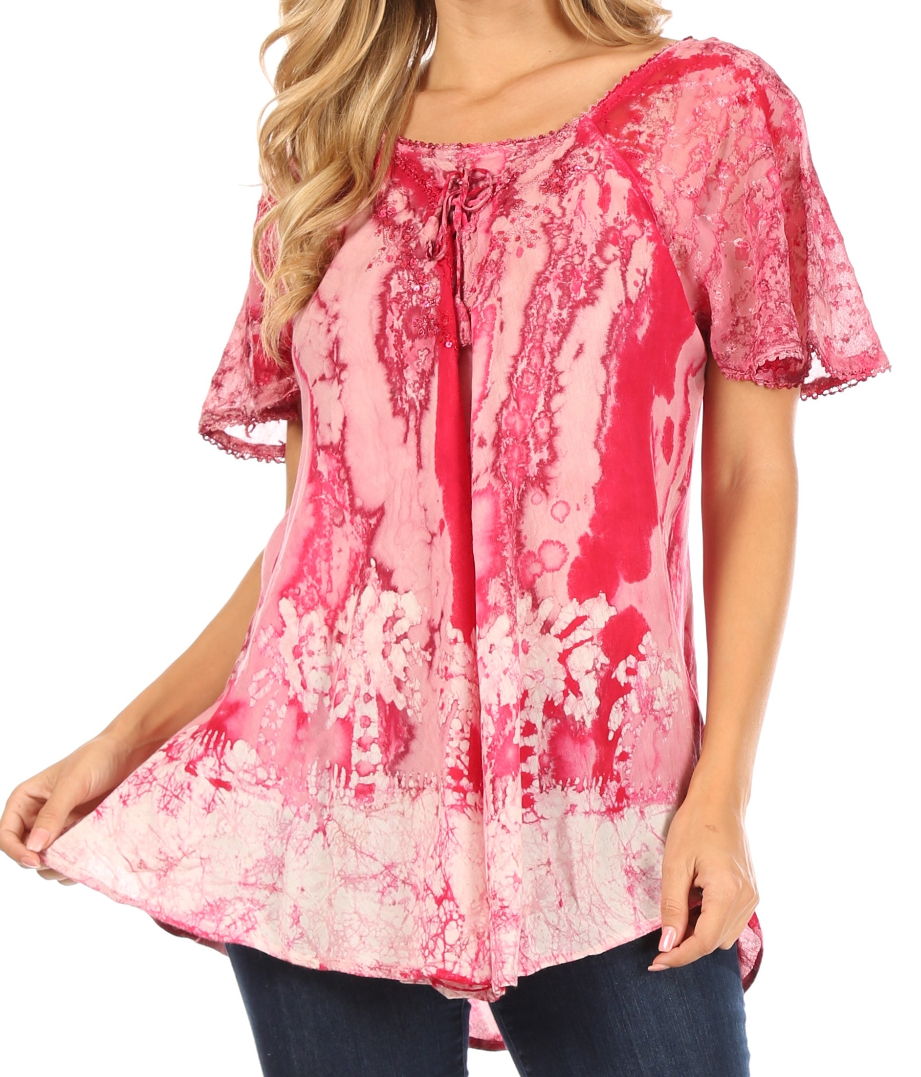 Sakkas Celia Marble Batik Short Sleeve Blouse/Top with Embroidery and Crochet - Concordia Style Boutique