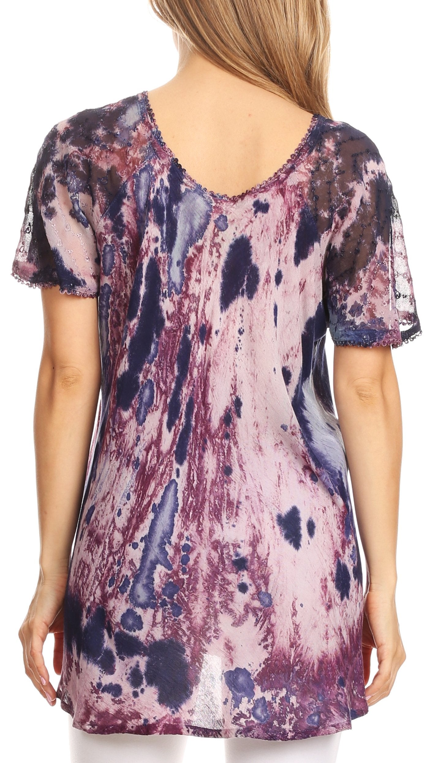 Sakkas Celia Marble Batik Short Sleeve Blouse/Top with Embroidery and Crochet - Concordia Style Boutique